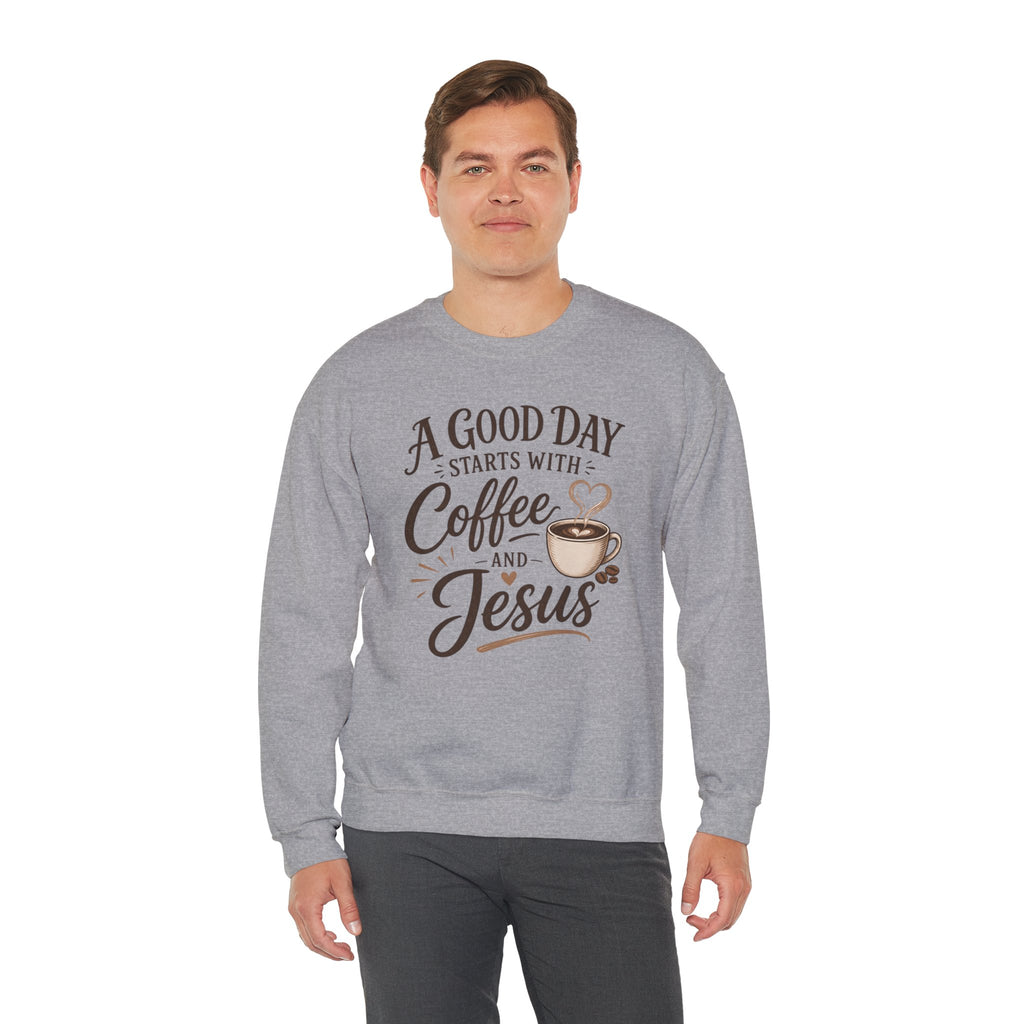A Good Day Starts with Coffee and Jesus Shirt, Christian Coffee Sweatshirt, Faith Based Top, Religious Coffee Lover Gift, Women's Christian