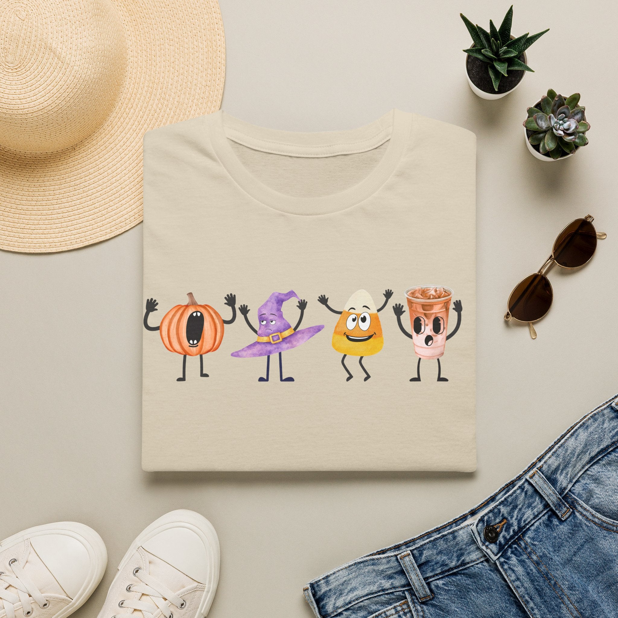 Halloween Women T-shirt Dancing Pumpkin Candy Corn Witch Hat Iced Coffee Crewneck Fall Fun Cute Halloween Party Shirt Gift