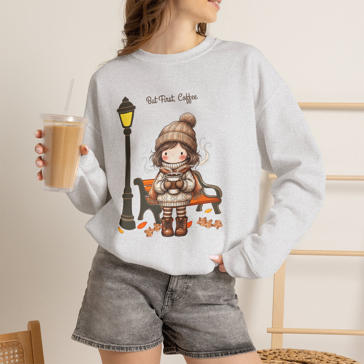 But First Coffee Sweatshirt, Fall Girl on Bench Shirt, Autumn Coffee Lover Crewneck, Cute Cozy Fall Sweatshirt, Coffee Gift for Her