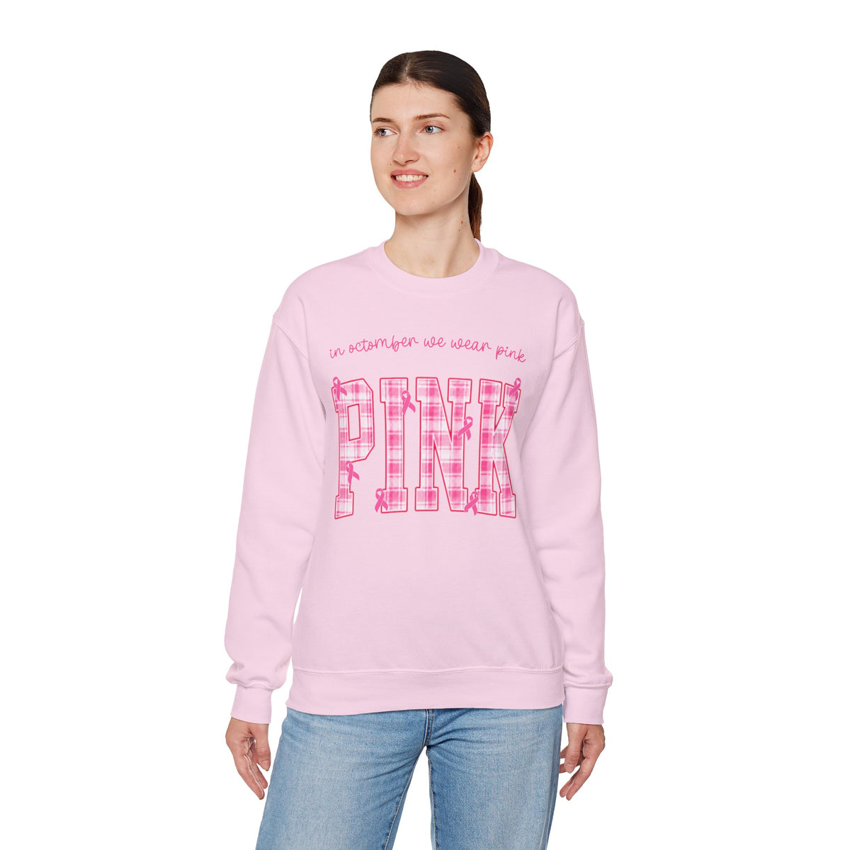 In October We Wear Pink Sweatshirt, Breast Cancer Awareness Top, Pink Plaid Design, Survivor Support Shirt, Pink Ribbon Top