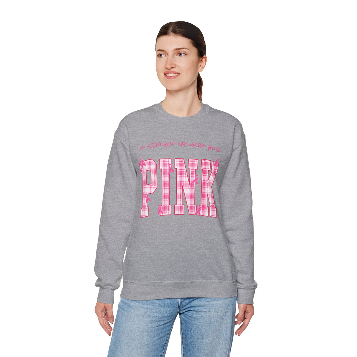 In October We Wear Pink Sweatshirt, Breast Cancer Awareness Top, Pink Plaid Design, Survivor Support Shirt, Pink Ribbon Top