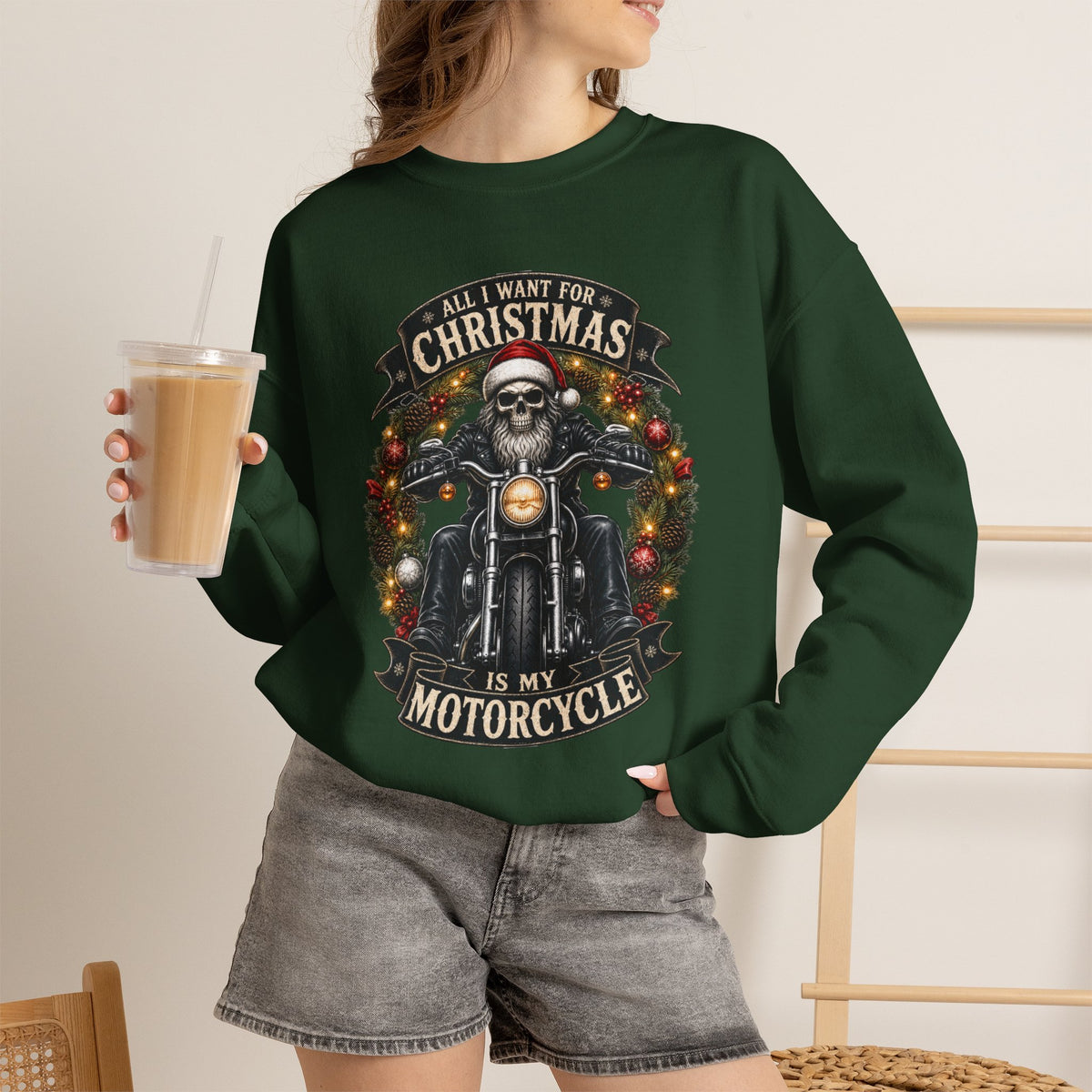 Skeleton Biker Christmas Sweatshirt, All I Want For Christmas Is My Motorcycle Shirt, Funny Biker Xmas Gift, Santa Skull Motorcycle Sweater