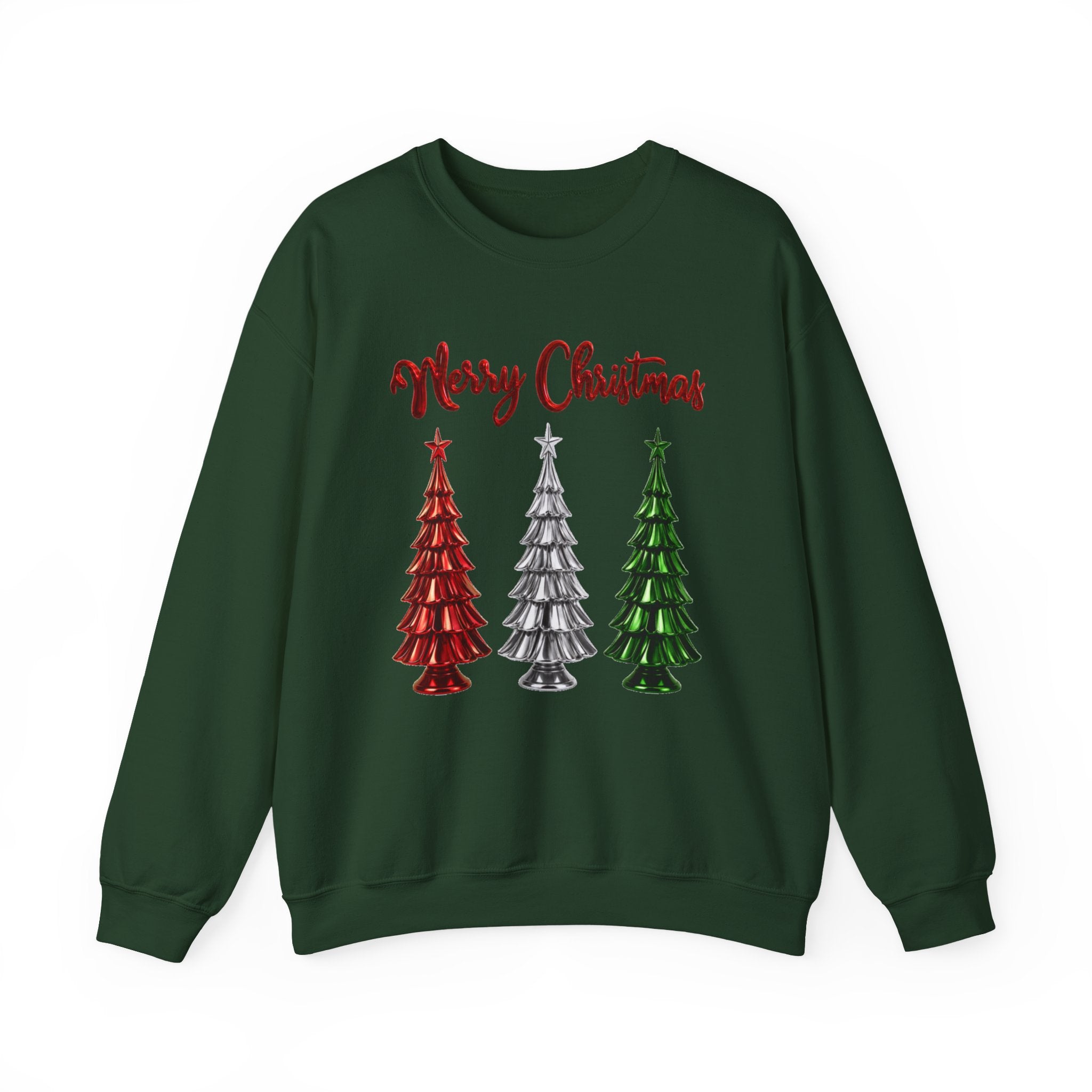 Merry Christmas Sweatshirt, Three Christmas Trees Shirt, Metallic Trees Sweater, Forest Green Christmas Crewneck, Holiday Gift for Her