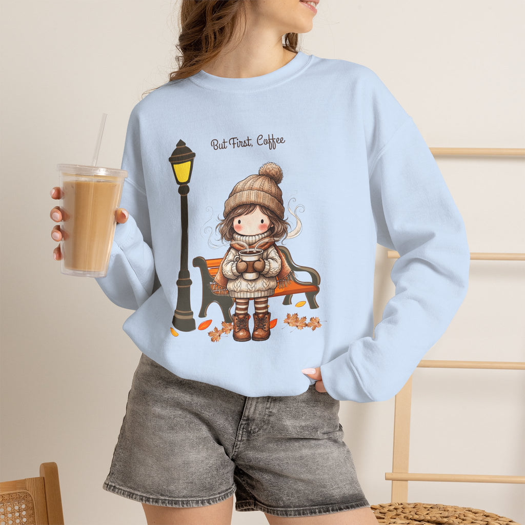 But First Coffee Sweatshirt, Fall Girl on Bench Shirt, Autumn Coffee Lover Crewneck, Cute Cozy Fall Sweatshirt, Coffee Gift for Her