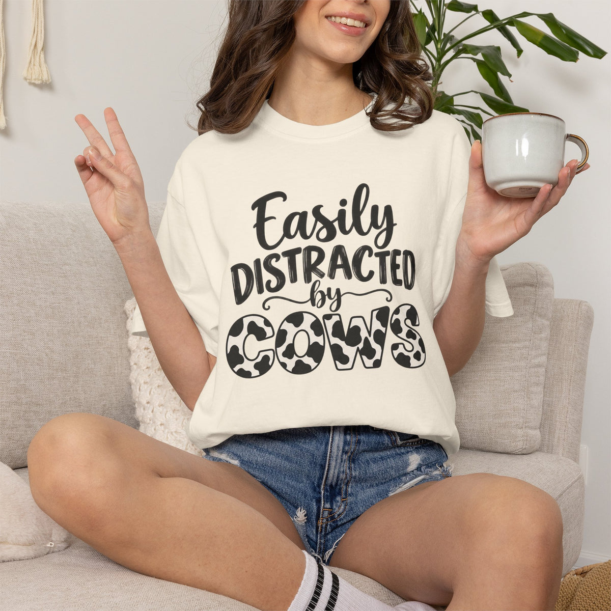 Comfort Color Easily Distracted By Cows T-Shirt, Cow Print Crewneck, Funny Farm Shirt, Cow Lover Gift, Farm Life Top, Country Girl