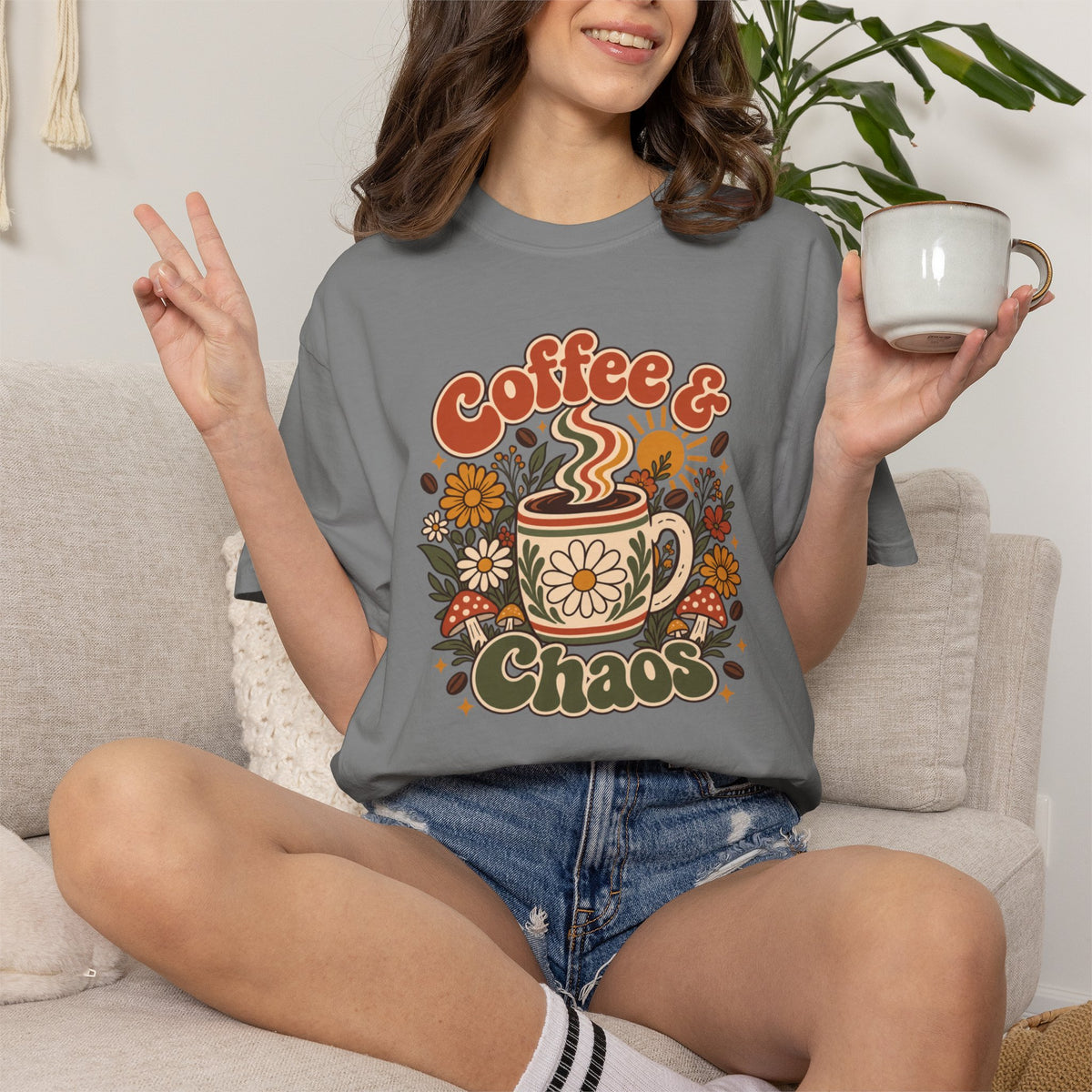 Comfort Color Retro-style Coffee & Chaos graphic T-Shirt featuring a floral coffee mug, cottagecore-inspired gift for coffee lovers