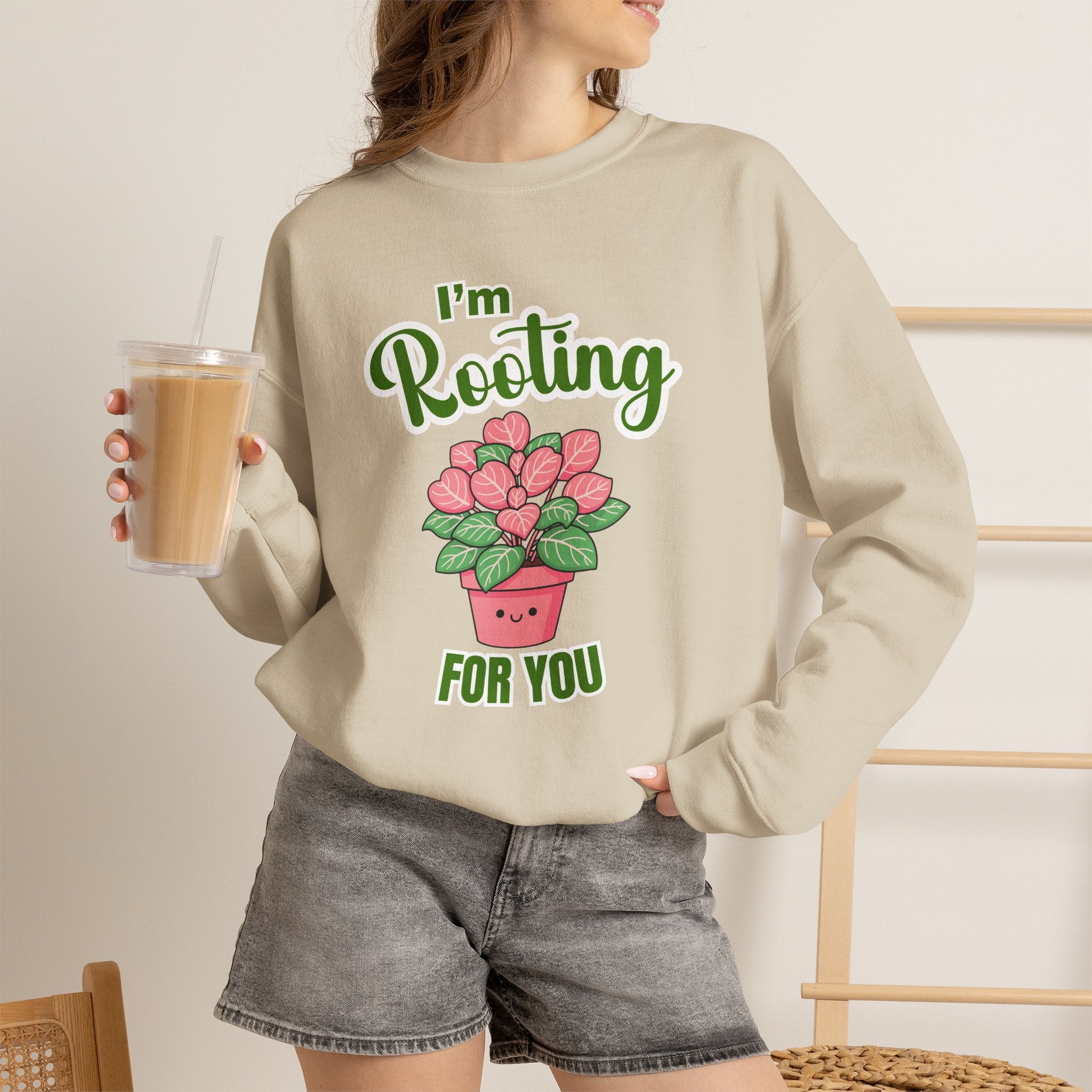 I'm Rooting For You Sweatshirt, Cute Plant Pun Crewneck, Encouragement Gift, Pink Heart Flower Shirt, Plant Lover Gift, Sand Sweatshirt