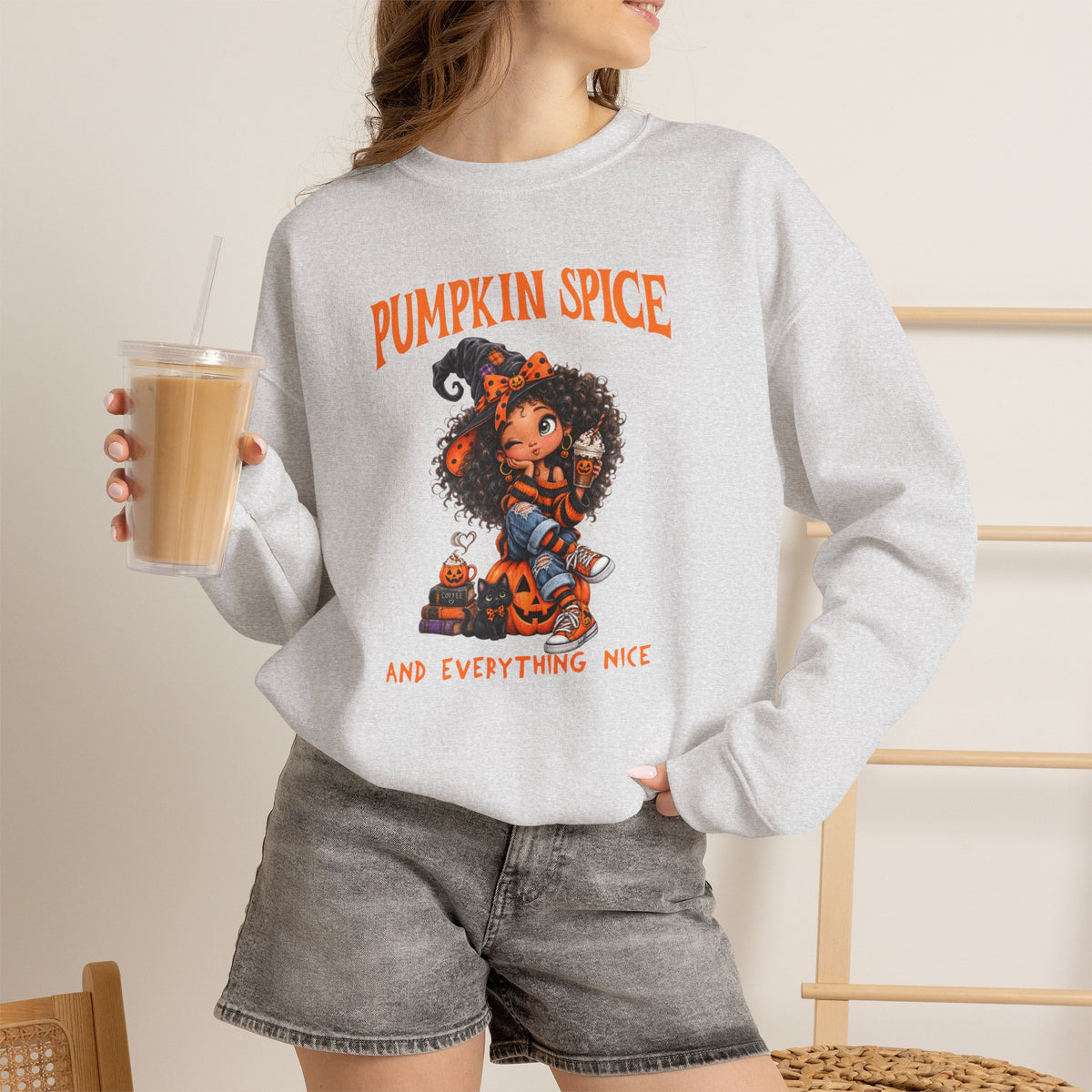 Pumpkin Spice and Everything Nice Sweatshirt, Curly Hair Girl Fall Crewneck, Halloween Pumpkin Sweater, Autumn Coffee Fall Shirt Gift