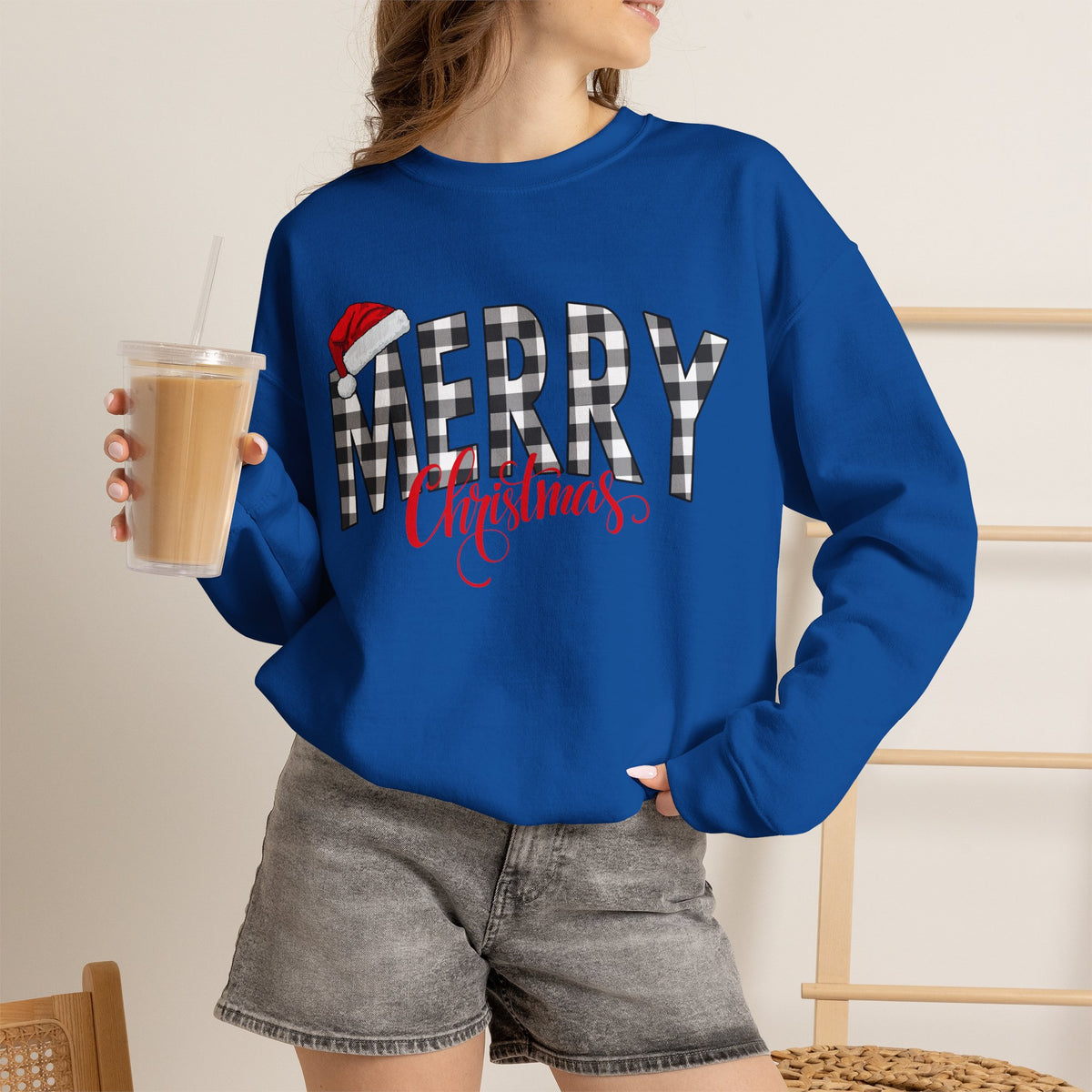 Merry Christmas Buffalo Plaid Sweatshirt, Santa Hat Christmas Sweatshirt, Plaid Christmas Shirt, Women's Holiday Sweatshirt, Christmas Gift