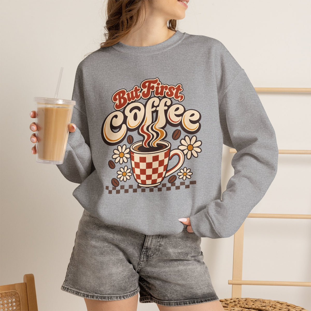 But First Coffee Shirt, Retro Checkered Mug Daisy Sweatshirt, Groovy Coffee Lover Tee, Trendy Coffee Shirt, Retro Floral Coffee Gift Shirt