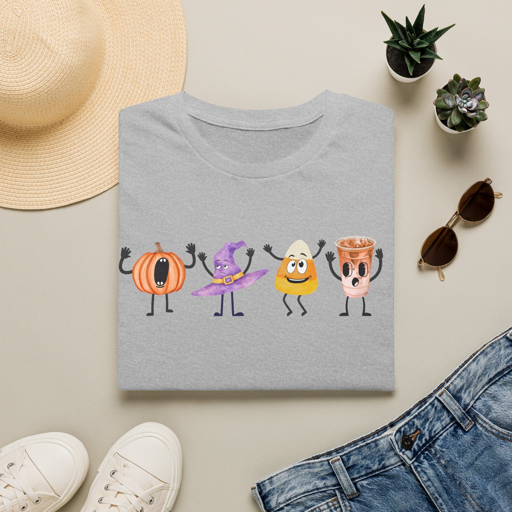 Halloween Women T-shirt Dancing Pumpkin Candy Corn Witch Hat Iced Coffee Crewneck Fall Fun Cute Halloween Party Shirt Gift