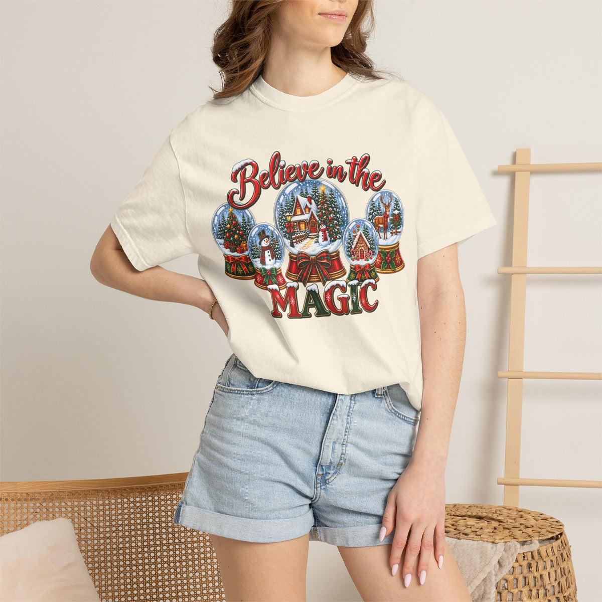 Comfort Colors Believe in the Magic Snow Globe Christmas T-shirt | Holiday Santa Village Design