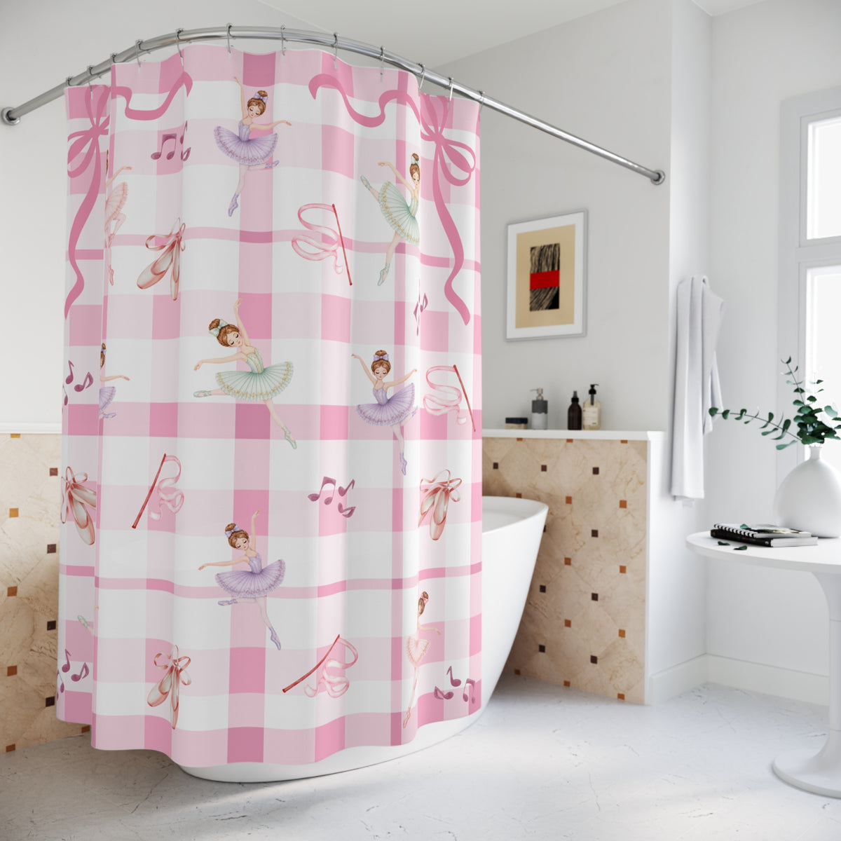 Ballerina Shower Curtain, Pink Gingham Ballet Bathroom Decor, Girls Bathroom Coquette Bow Dance Studio Gift, Pink Plaid Kids Bath Decor