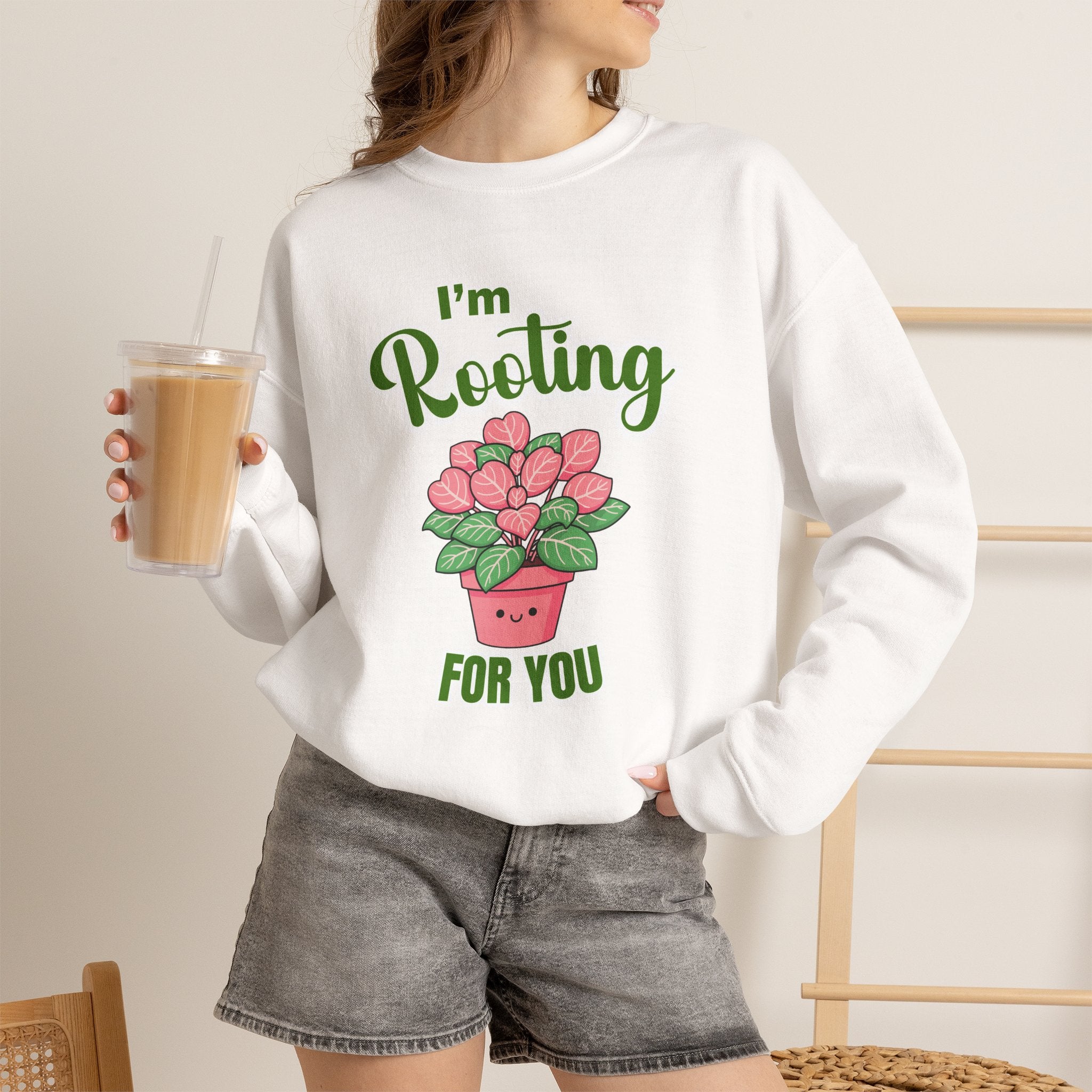 I'm Rooting For You Sweatshirt, Cute Plant Pun Crewneck, Encouragement Gift, Pink Heart Flower Shirt, Plant Lover Gift, Sand Sweatshirt