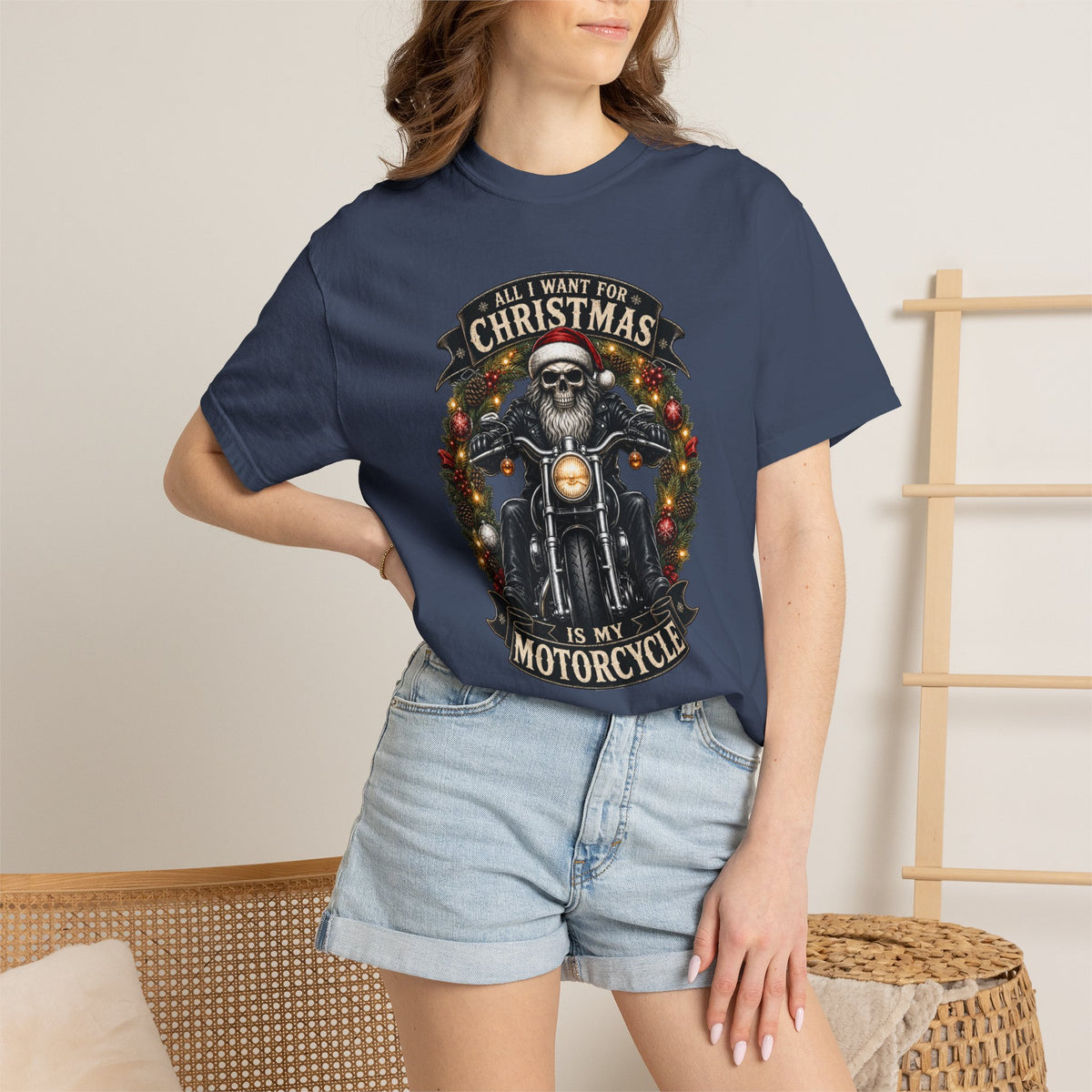 Comfort Colors Skeleton Biker Christmas T-shirt, All I Want for Christmas Is My Motorcycle Shirt, Santa Skull Motorcycle Top, Gift for Biker