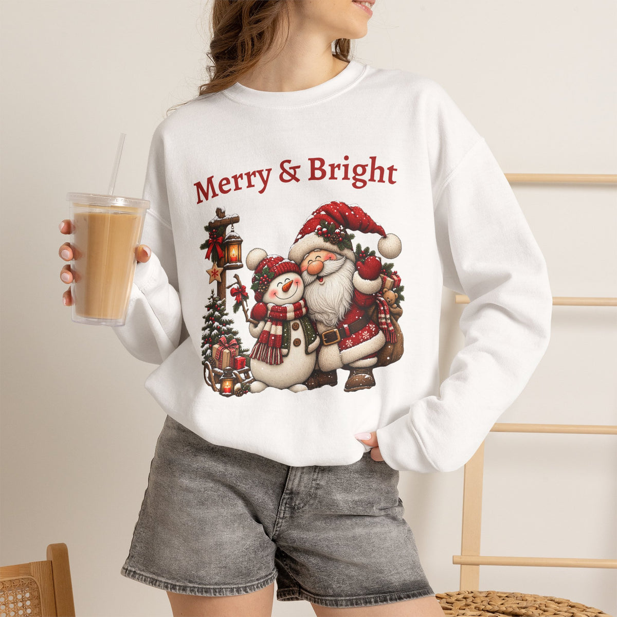 Merry & Bright Sweatshirt, Santa Snowman Christmas Shirt, Vintage Holiday Crewneck, Festive Christmas Tee, Xmas Gift Sweatshirt for Her