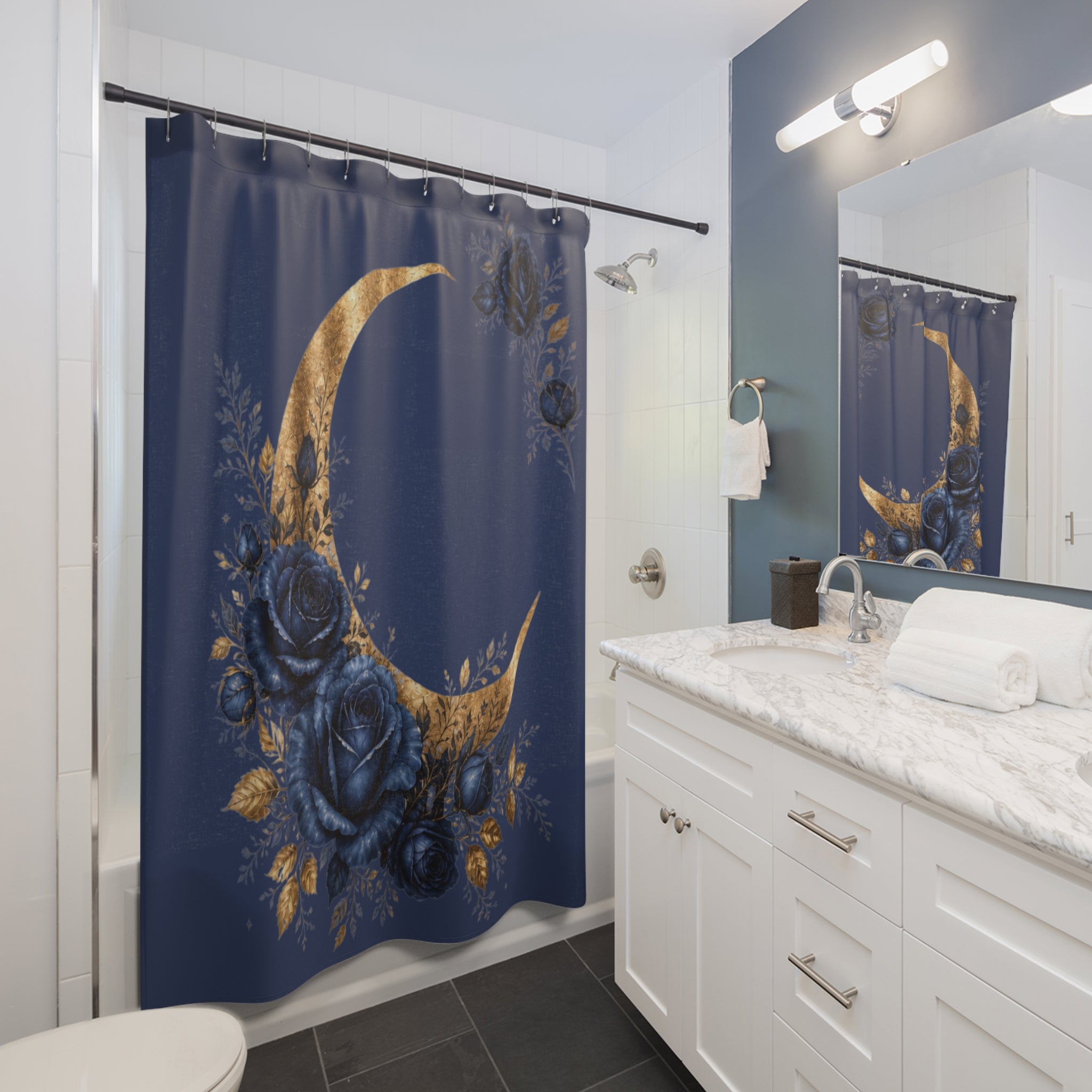 Navy Blue Gold Moon Shower Curtain, Celestial Rose Bathroom Decor, Moody Floral Crescent Moon Bath Curtain, Elegant Boho Home Gift