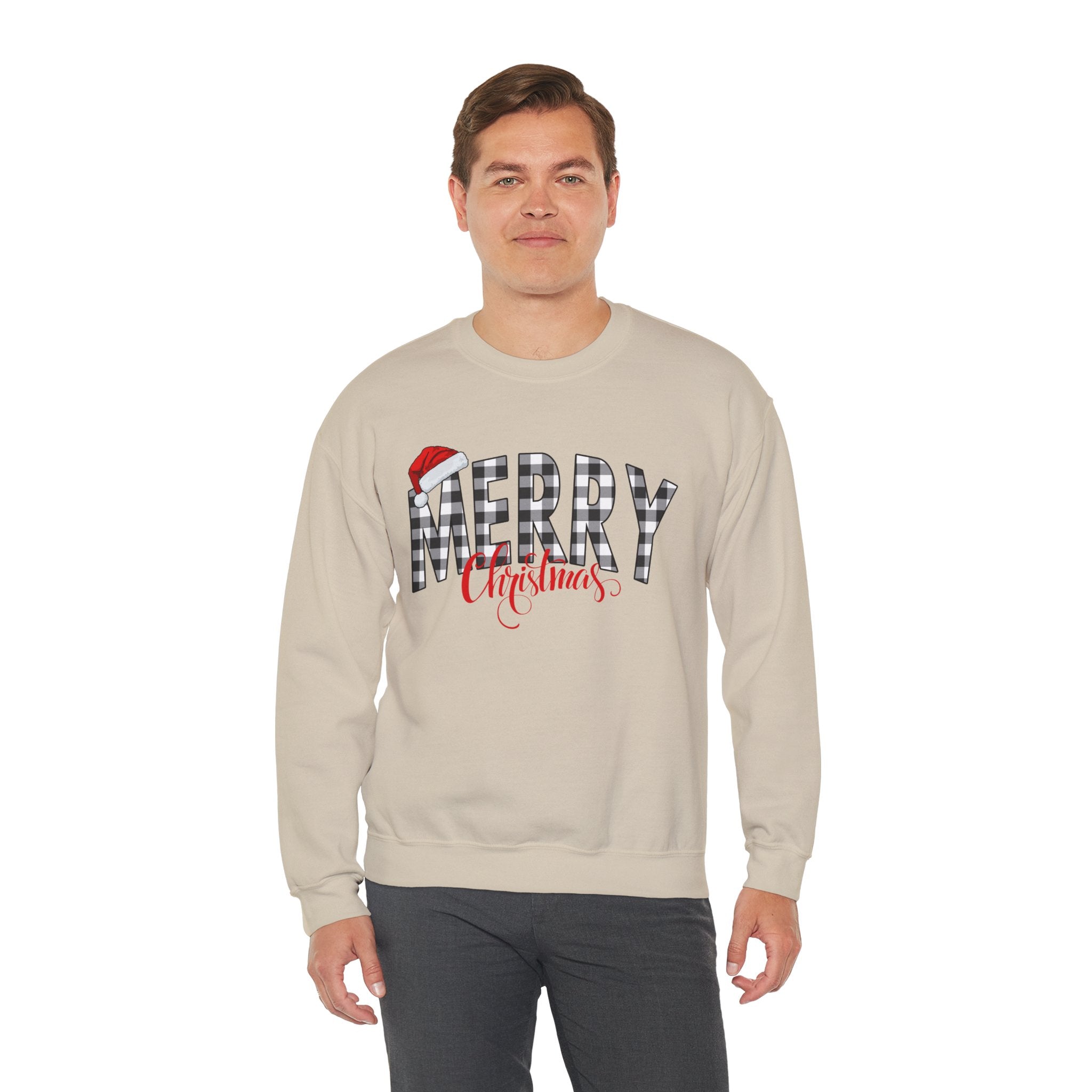 Merry Christmas Buffalo Plaid Sweatshirt, Santa Hat Christmas Sweatshirt, Plaid Christmas Shirt, Women's Holiday Sweatshirt, Christmas Gift