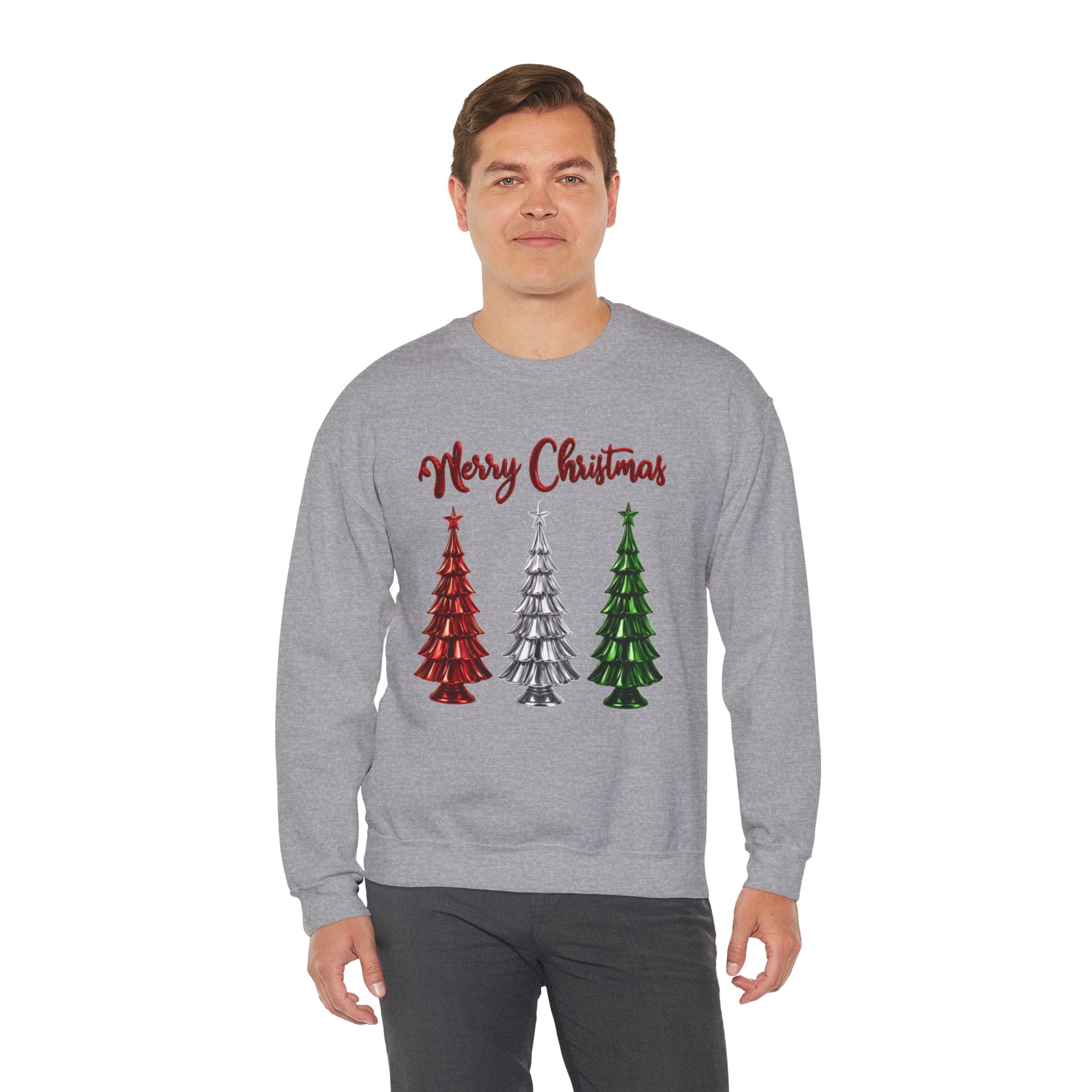 Merry Christmas Sweatshirt, Three Christmas Trees Shirt, Metallic Trees Sweater, Forest Green Christmas Crewneck, Holiday Gift for Her