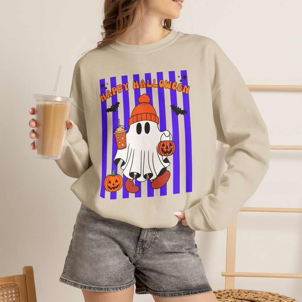 Boo Ghost Halloween Sweatshirt, Cute Ghost Pumpkin Striped Crewneck, Witch Hat Ghost Shirt, Fall Halloween Sweater, Halloween Gift