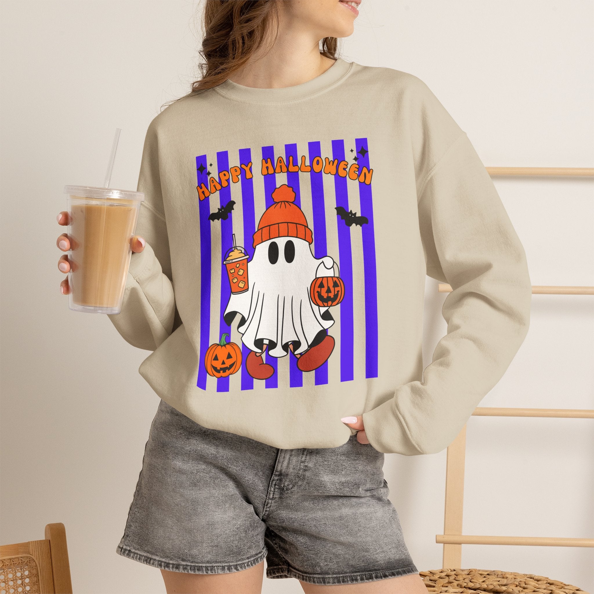 Boo Ghost Halloween Sweatshirt, Cute Ghost Pumpkin Striped Crewneck, Witch Hat Ghost Shirt, Fall Halloween Sweater, Halloween Gift