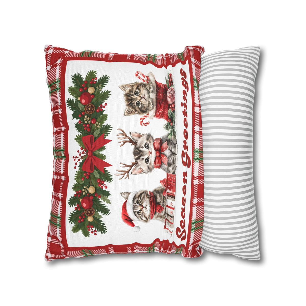 Christmas Kittens Pillow Cover, Cute Cat Holiday Throw Pillow, Red Plaid Snowflake Reversible Cover, Season Greetings Cat Lover Gift