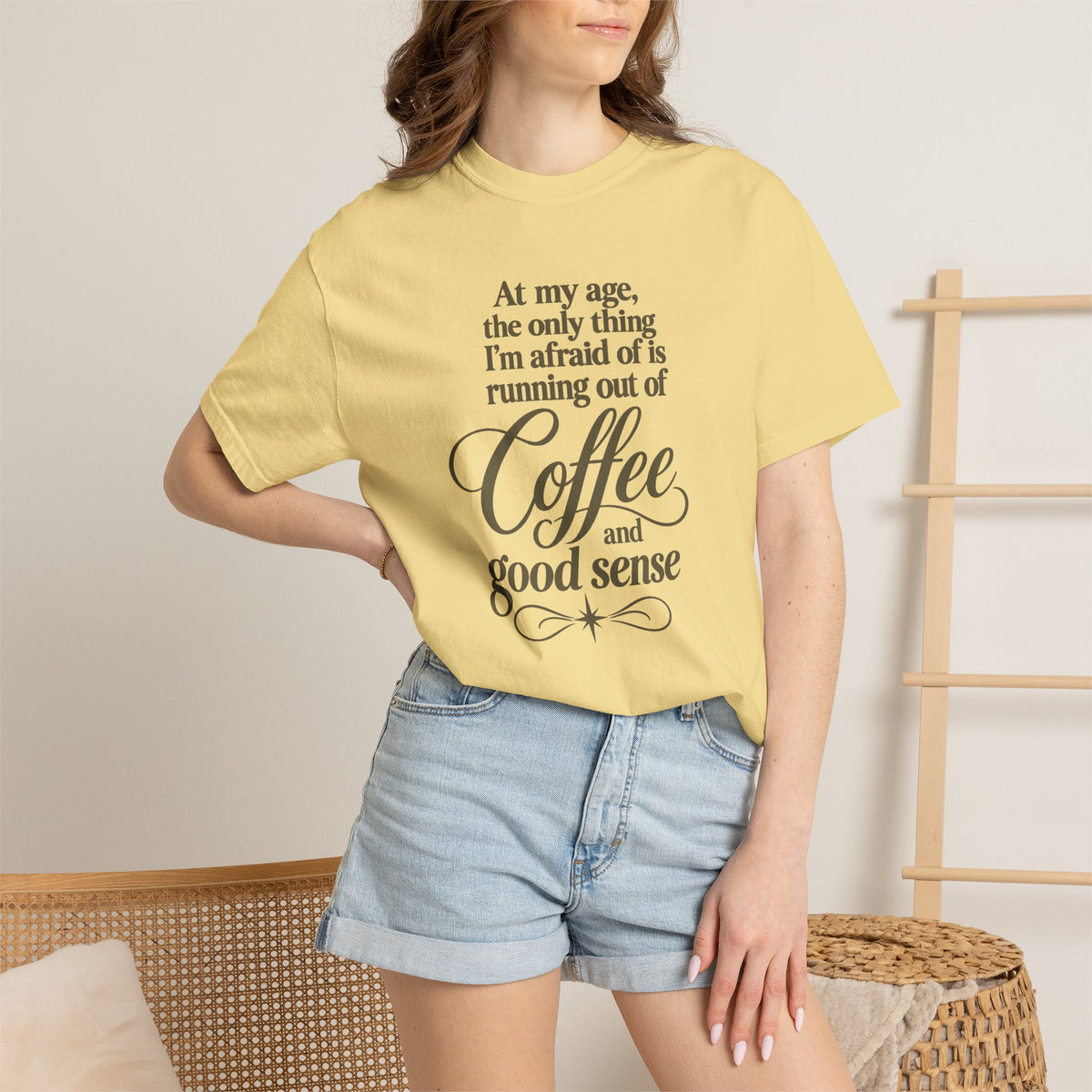 Comfort Color Funny Coffee TShirt, At My Age Only Afraid of Running Out of Coffee and Good Sense, Sarcastic Women's Tee, Funny Coffee Lover