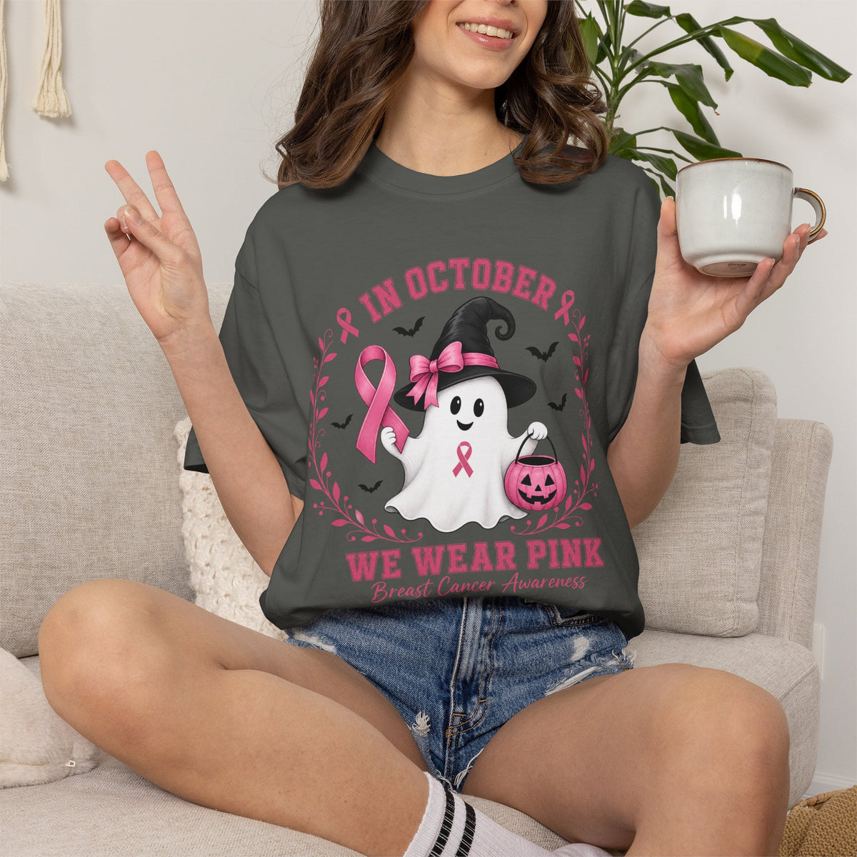 In October We Wear Pink Shirt, Breast Cancer Awareness Ghost Tee, Halloween Pink Ribbon Shirt, Cute Ghost Pumpkin Support Survivor Gift