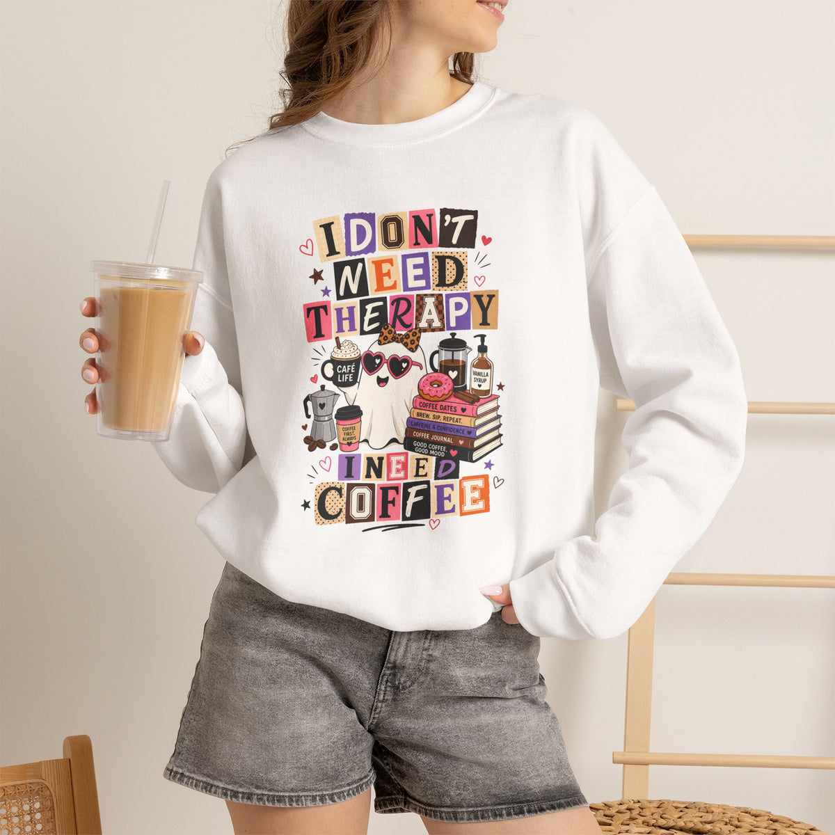 I Don't Need Therapy I Need Coffee Shirt, Funny Ghost Coffee Lover Tee, Halloween Coffee Shirt, Cute Spooky Season Graphic Tee Gift