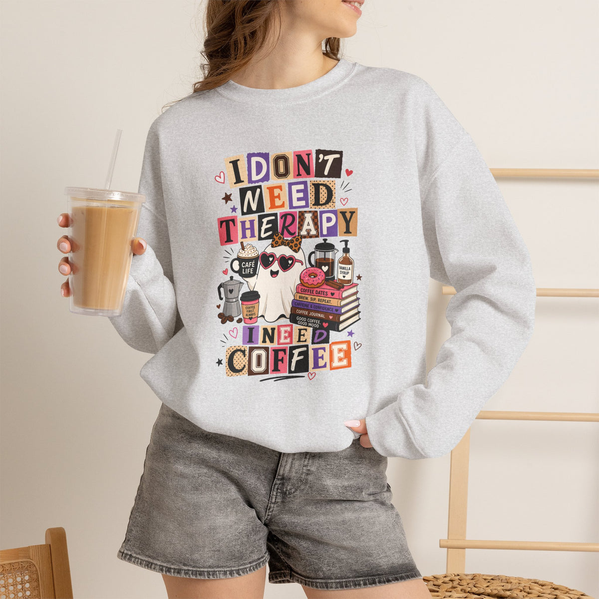 I Don't Need Therapy I Need Coffee Shirt, Funny Ghost Coffee Lover Tee, Halloween Coffee Shirt, Cute Spooky Season Graphic Tee Gift