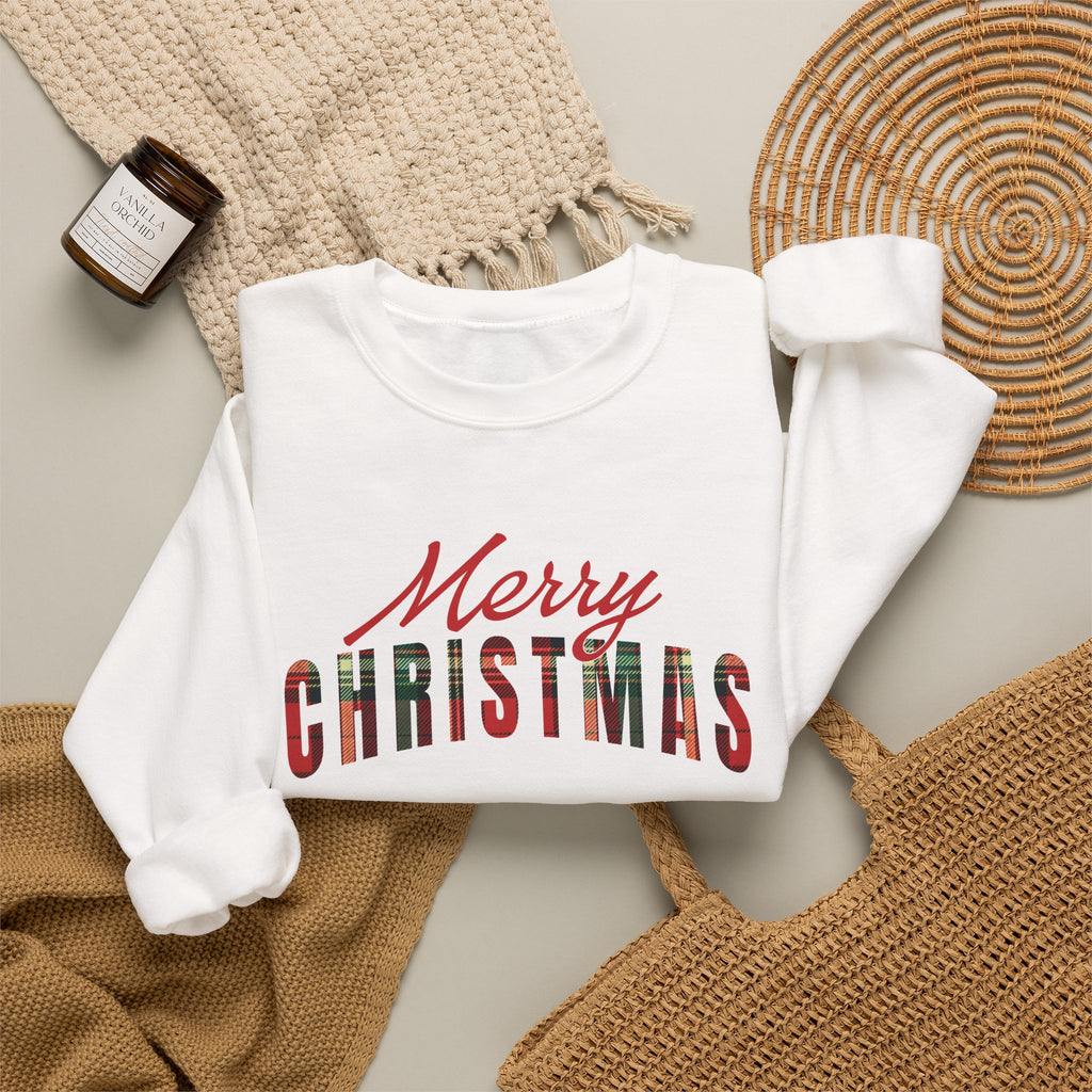 Merry Christmas Sweatshirt, Plaid Christmas Sweater, Buffalo Plaid Holiday Crewneck, Cozy Xmas Shirt, Women's Christmas Gift