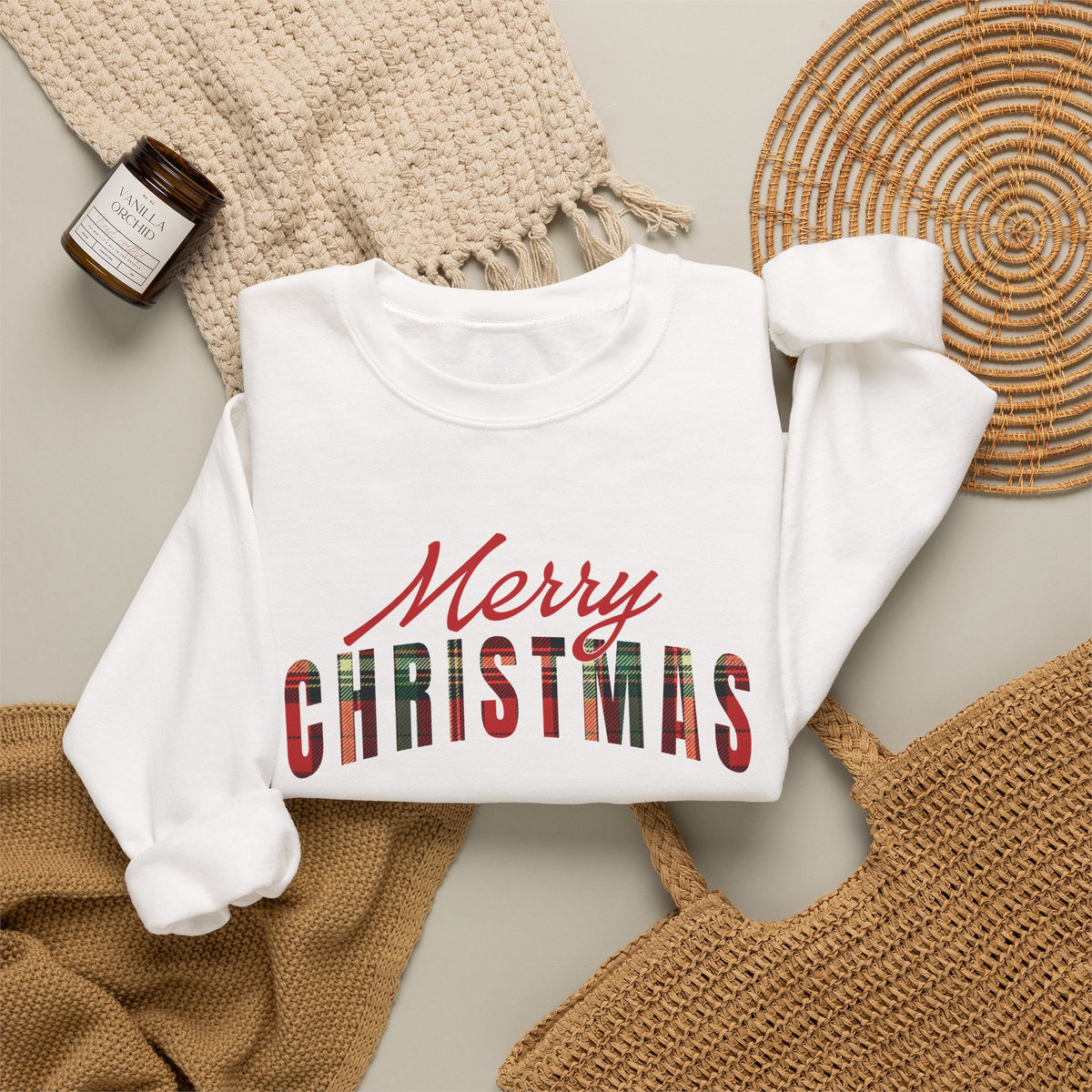 Merry Christmas Sweatshirt, Plaid Christmas Sweater, Buffalo Plaid Holiday Crewneck, Cozy Xmas Shirt, Women's Christmas Gift
