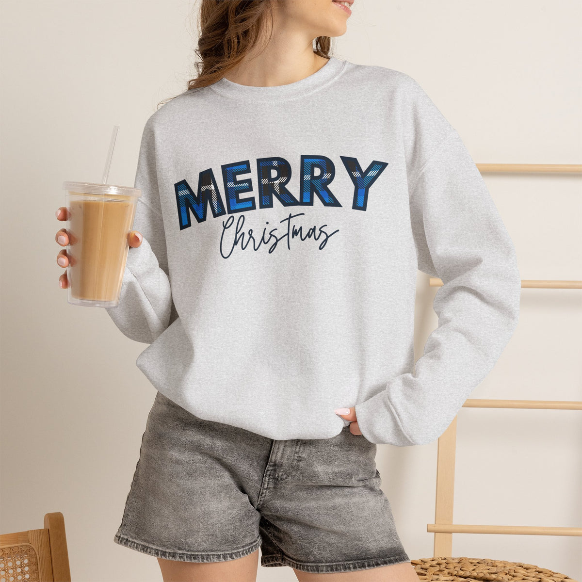 Merry Christmas Blue Plaid Sweatshirt | Buffalo Check Christmas Shirt | Winter Holiday Crewneck | Xmas Gift for Her | Cozy Christmas Top