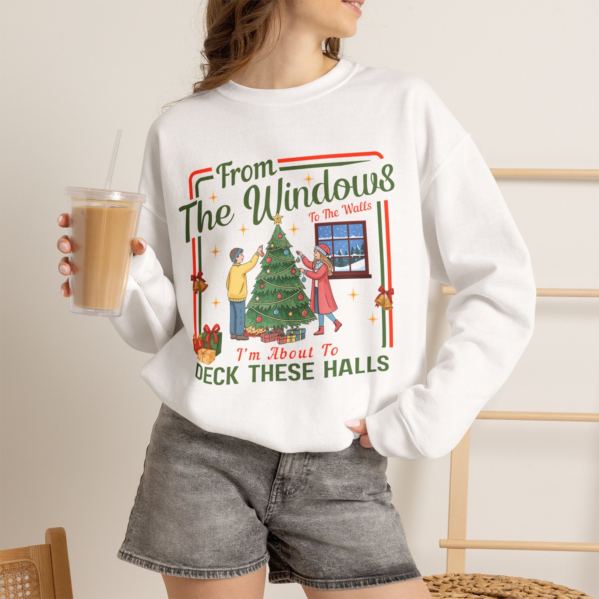 From The Windows To The Walls Christmas Sweatshirt, Deck These Halls Retro Xmas Tree Shirt, Funny Holiday Sweater, Christmas Gift for Her