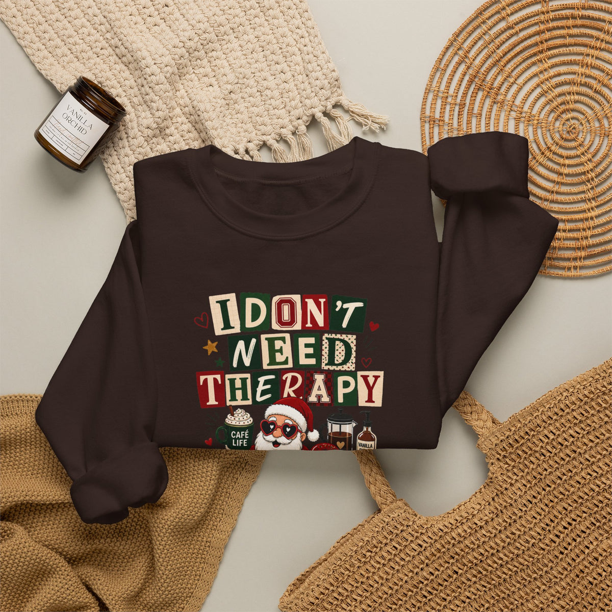 Christmas Sweatshirt I Don't Need Therapy I Need Coffee Funny Santa Coffee Lover Shirt Xmas Plaid Retro Holiday Gift for Women