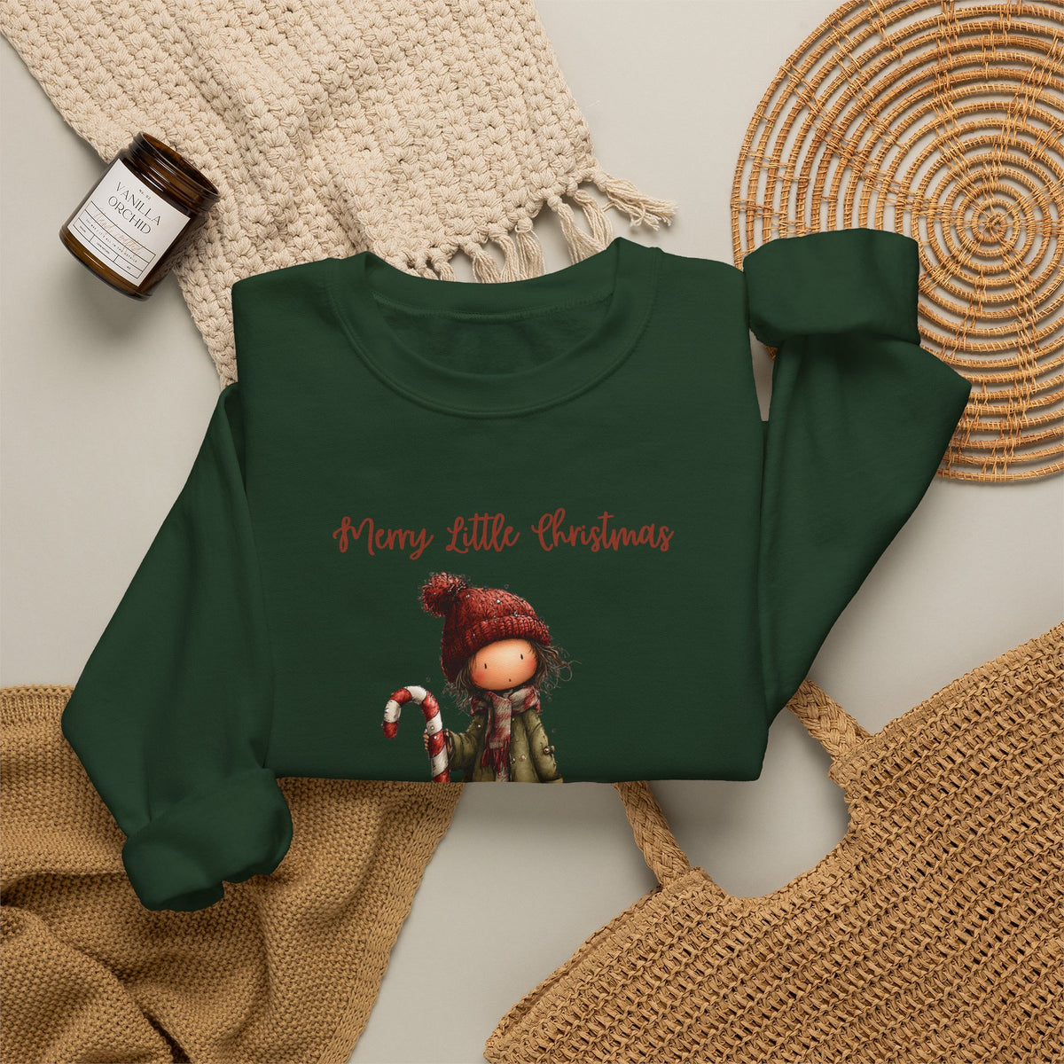 Merry Little Christmas Sweatshirt, Whimsical Girl Candy Cane Shirt, Cute Holiday Crewneck, Christmas Girl Tee, Xmas Gift Sweatshirt for Her