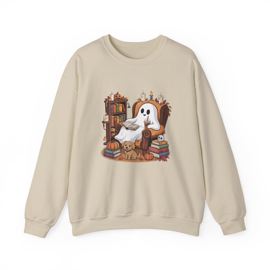 Cute Ghost Reading Books Sweatshirt, Cozy Fall Halloween Sweater, Ghost with Dog Pumpkins Shirt, Autumn Library Halloween Crewneck Gift