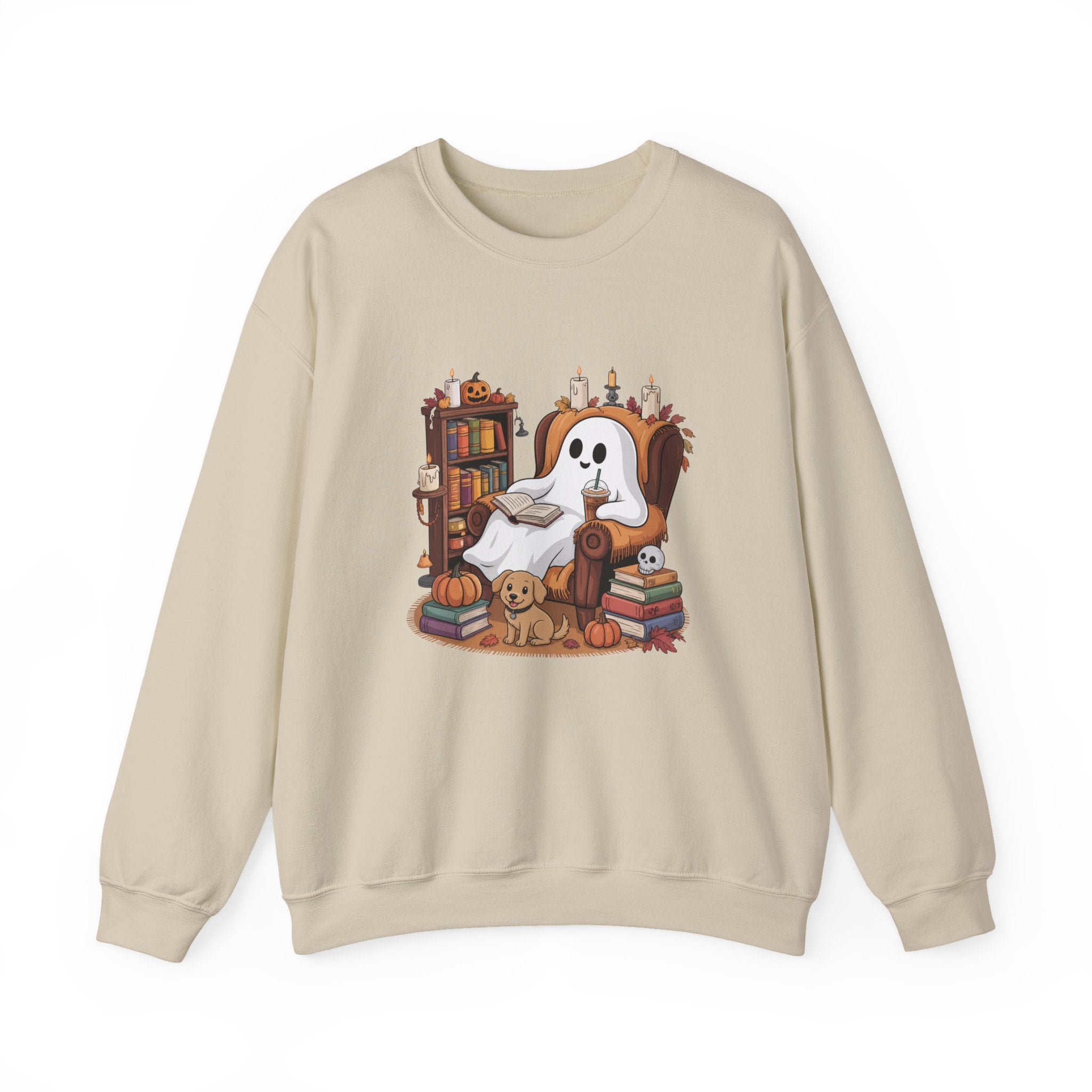Cute Ghost Reading Books Sweatshirt, Cozy Fall Halloween Sweater, Ghost with Dog Pumpkins Shirt, Autumn Library Halloween Crewneck Gift