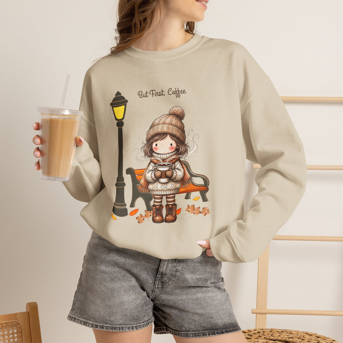 But First Coffee Sweatshirt, Fall Girl on Bench Shirt, Autumn Coffee Lover Crewneck, Cute Cozy Fall Sweatshirt, Coffee Gift for Her