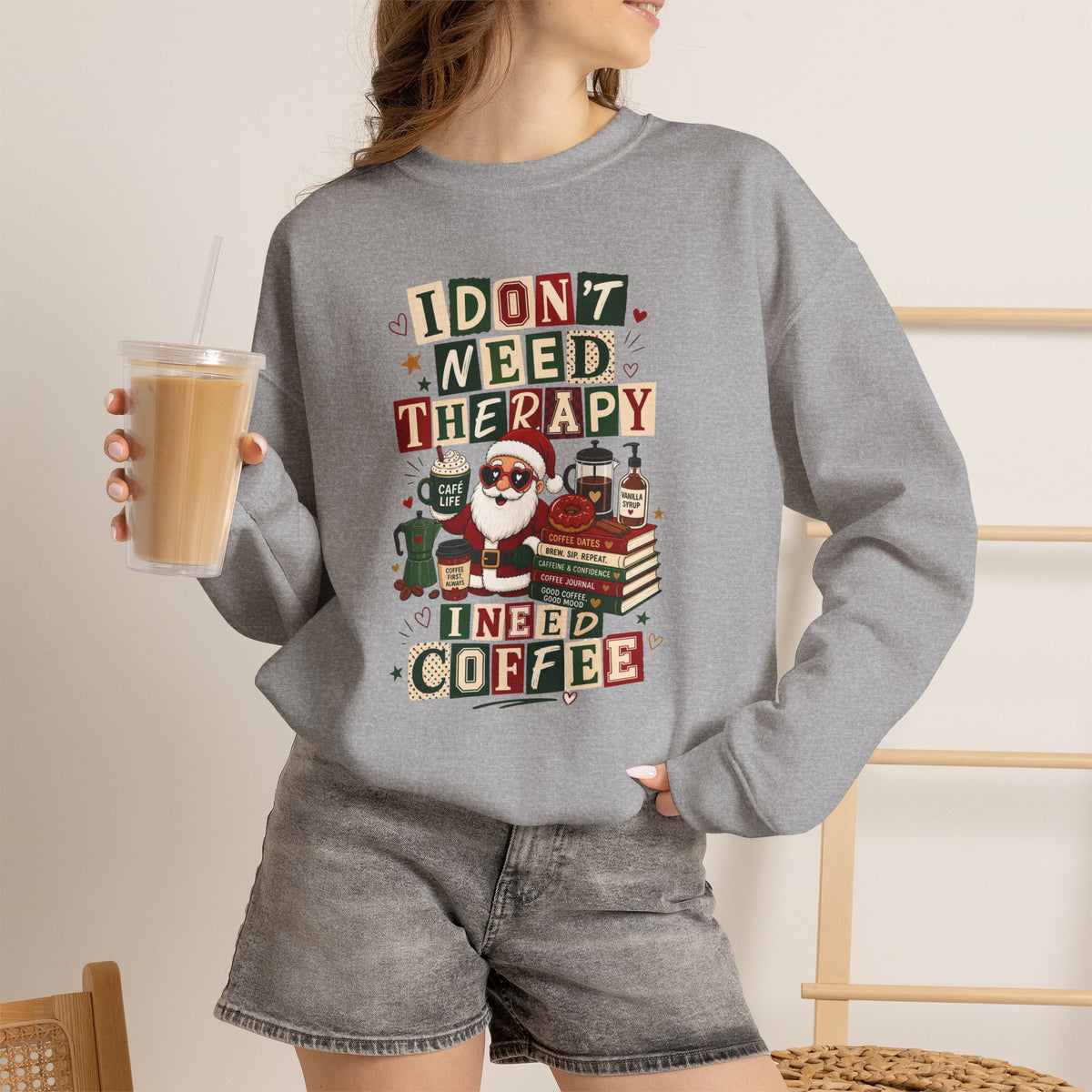 Christmas Sweatshirt I Don't Need Therapy I Need Coffee Funny Santa Coffee Lover Shirt Xmas Plaid Retro Holiday Gift for Women
