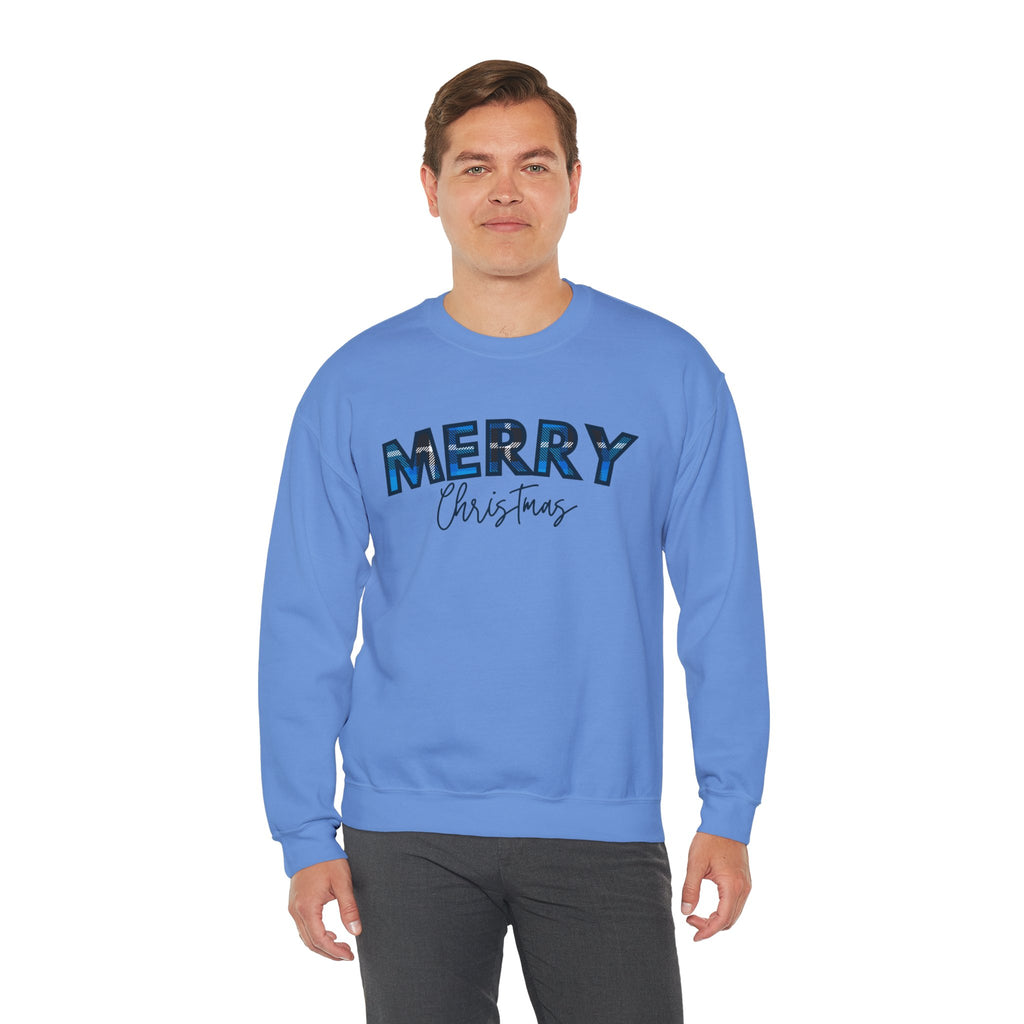 Merry Christmas Blue Plaid Sweatshirt | Buffalo Check Christmas Shirt | Winter Holiday Crewneck | Xmas Gift for Her | Cozy Christmas Top