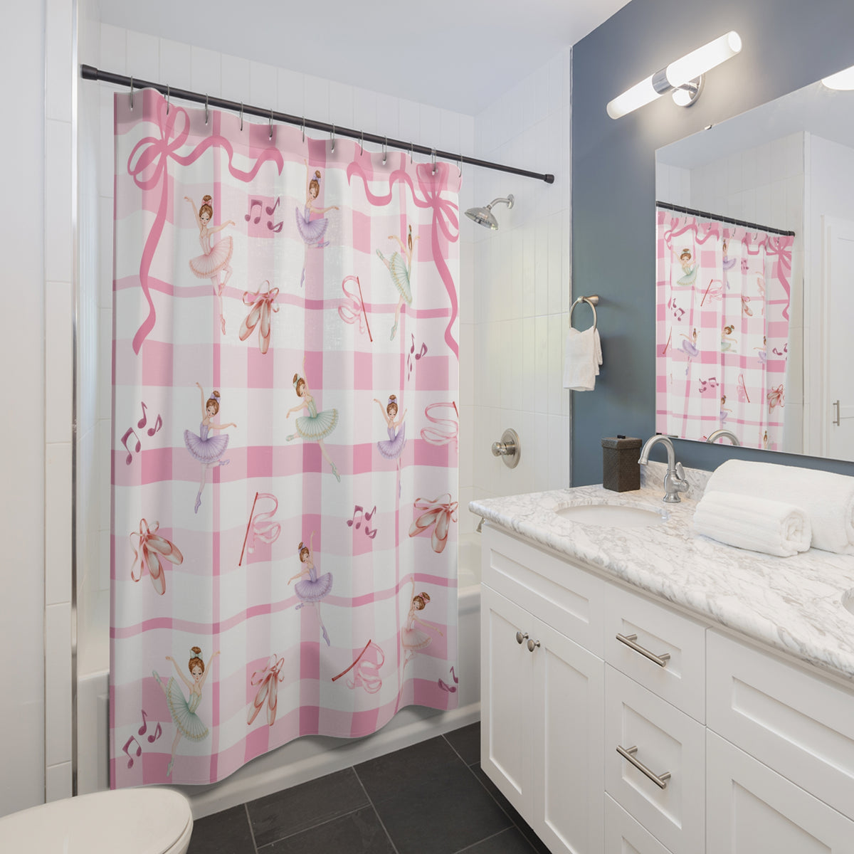 Ballerina Shower Curtain, Pink Gingham Ballet Bathroom Decor, Girls Bathroom Coquette Bow Dance Studio Gift, Pink Plaid Kids Bath Decor
