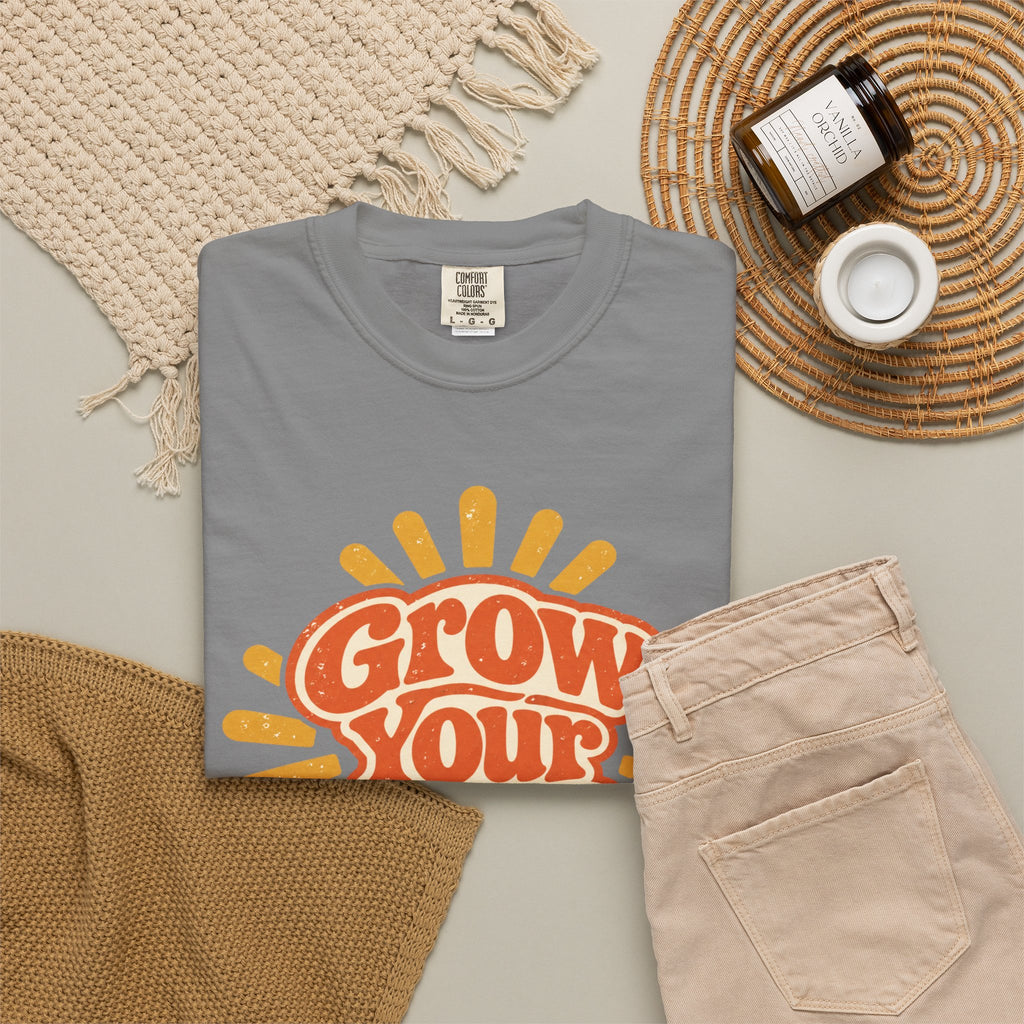 Comfort Color Grow Your Own Way Shirt, Retro Sunburst Graphic Tee, Boho Motivational T-Shirt, Positive Vibes Gift for Her, Inspirational