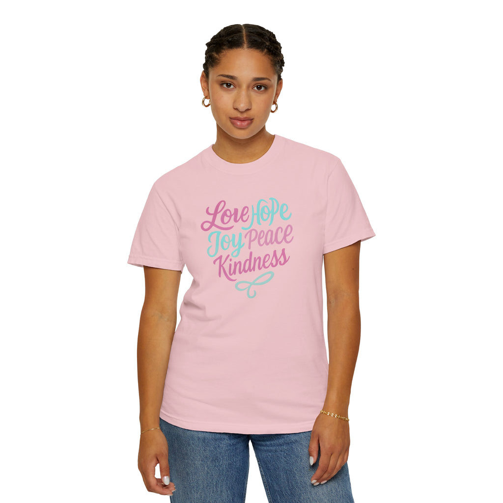 Inspirational T-Shirt with Love, Hope, Joy, Peace, Kindness - Perfect for Casual Wear, Gifts, Holidays, Celebrations, Motivational Apparel