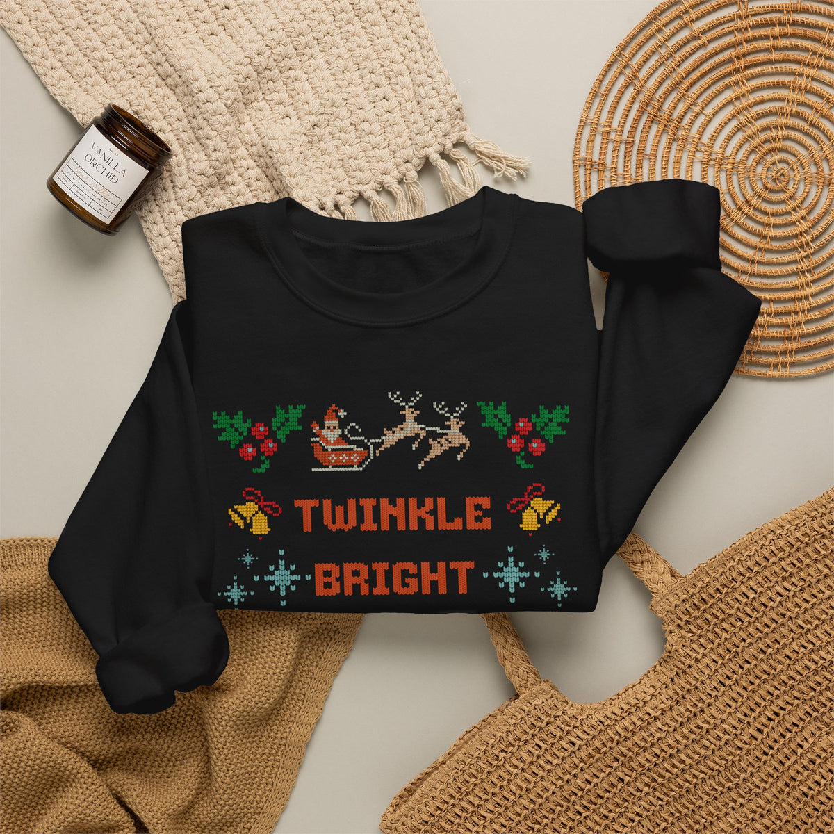 Nativity Christmas Sweatshirt, Twinkle Bright Ugly Christmas Sweater Style, Faux Cross Stitch Santa Reindeer Holiday Crewneck Gift