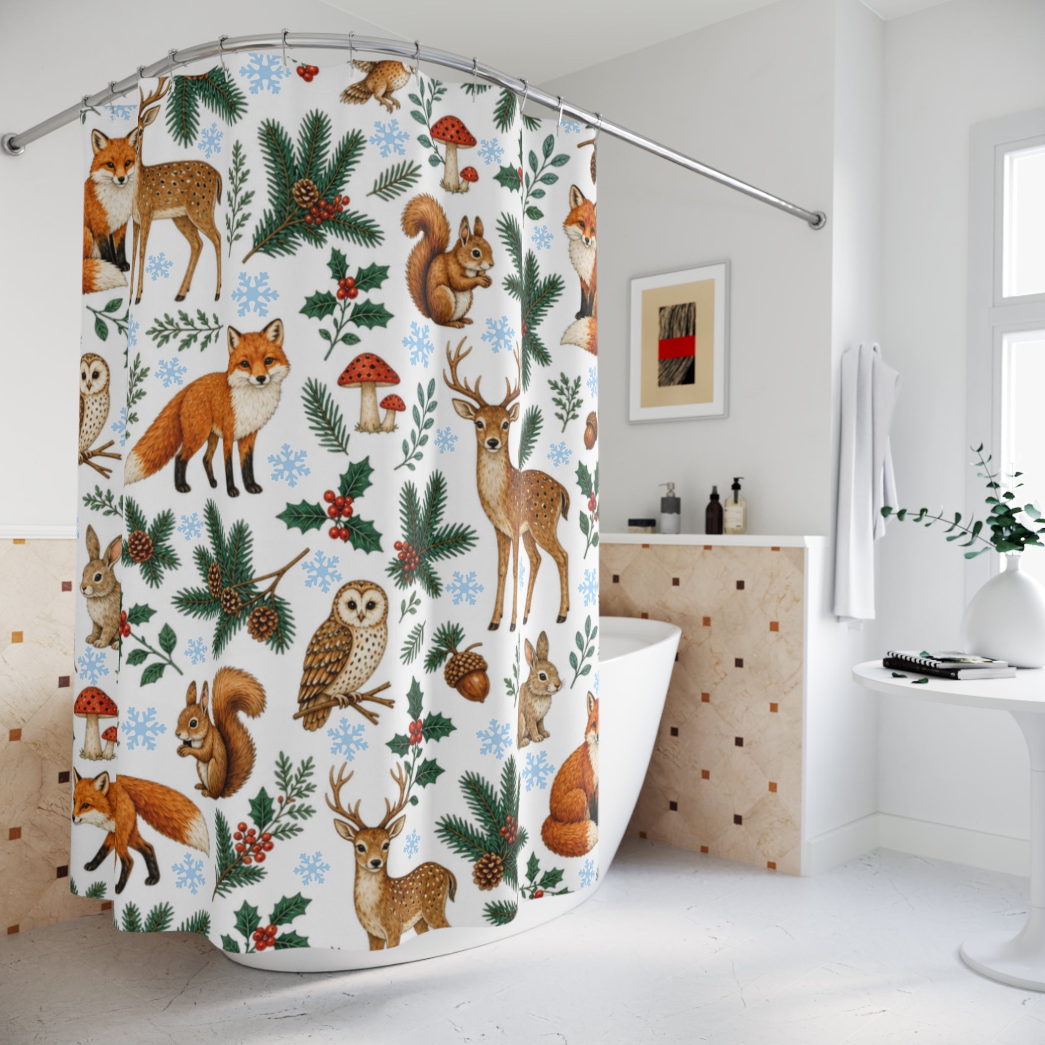 Woodland Animals Shower Curtain, Fox Deer Owl Rabbit Squirrel Bathroom Decor, Christmas Winter Forest Bath Curtain, Cottagecore Home Gift