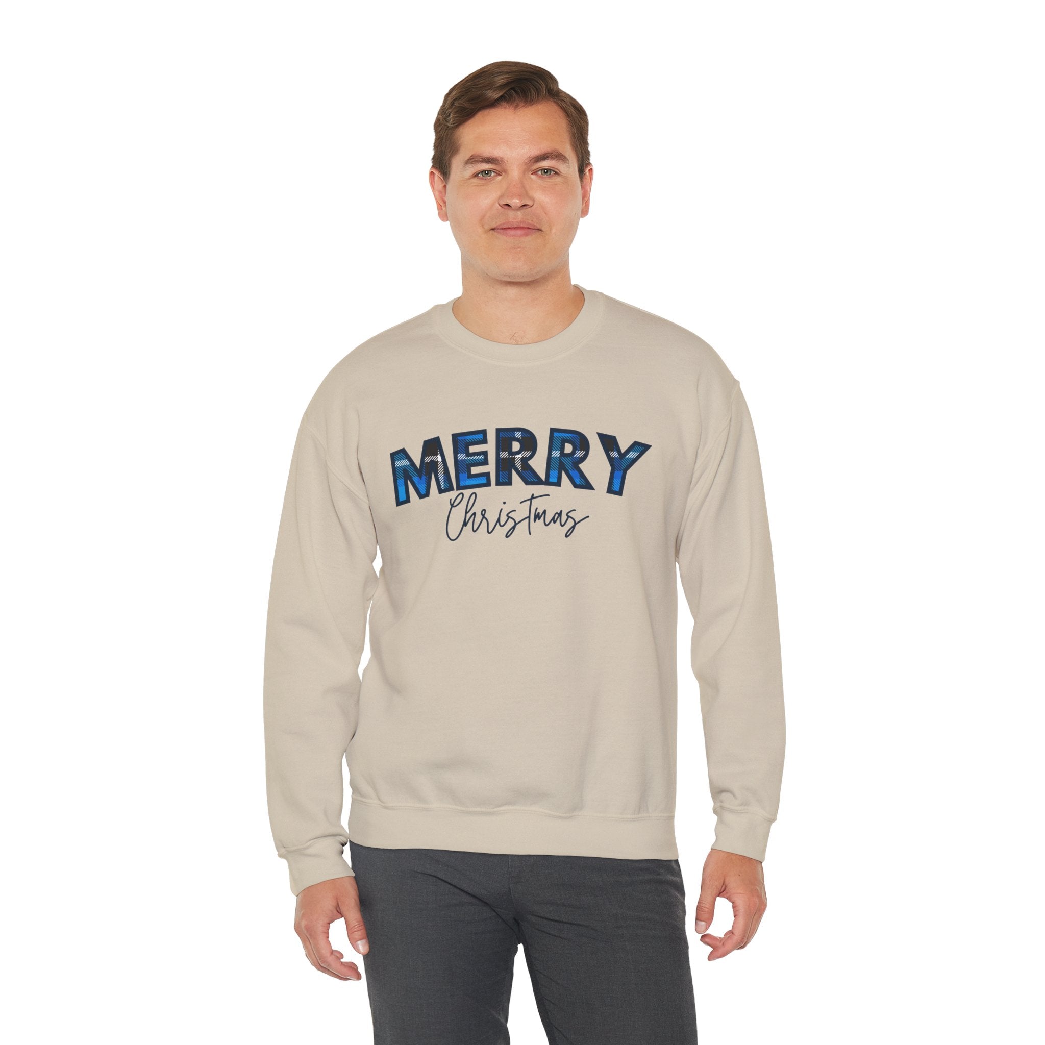 Merry Christmas Blue Plaid Sweatshirt | Buffalo Check Christmas Shirt | Winter Holiday Crewneck | Xmas Gift for Her | Cozy Christmas Top