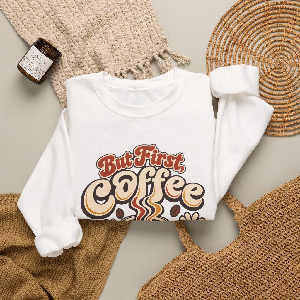 But First Coffee Shirt, Retro Checkered Mug Daisy Sweatshirt, Groovy Coffee Lover Tee, Trendy Coffee Shirt, Retro Floral Coffee Gift Shirt
