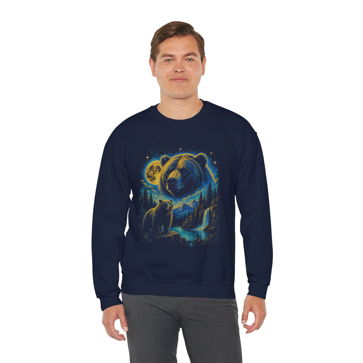 Bear Moon Forest Sweatshirt, Double Exposure Wildlife Sweatshirt, Mountain Waterfall Bear Shirt, Nature Lover Gift, Outdoor Cabin Crewneck