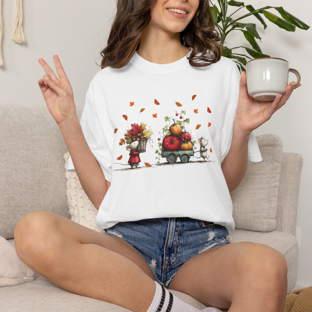 Comfort Color Fall Pumpkin Wagon Autumn Harvest T-Shirt, Thanksgiving Fall Leaves Shirt, Watercolor Pumpkin Apple Cart, Gift for Fall Lovers